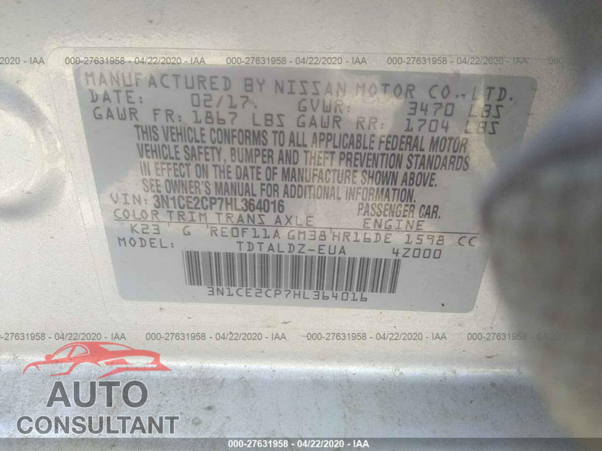 NISSAN VERSA NOTE 2017 - 3N1CE2CP7HL364016