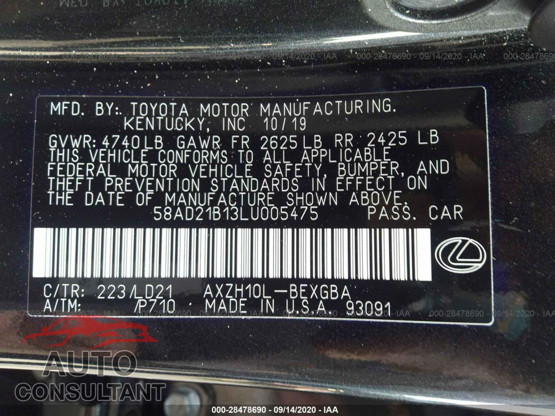 LEXUS ES 2020 - 58AD21B13LU005475