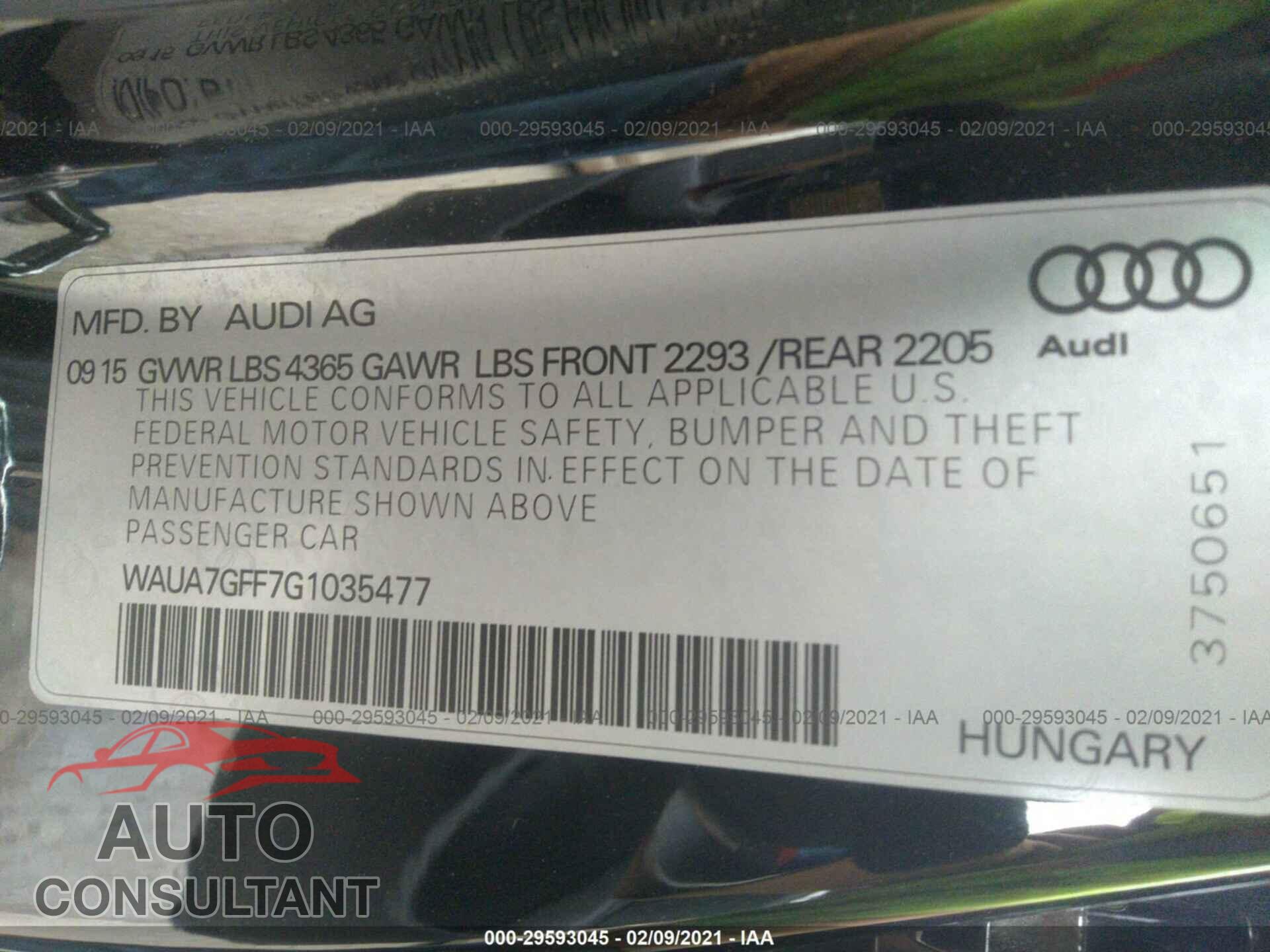 AUDI A3 2016 - WAUA7GFF7G1035477
