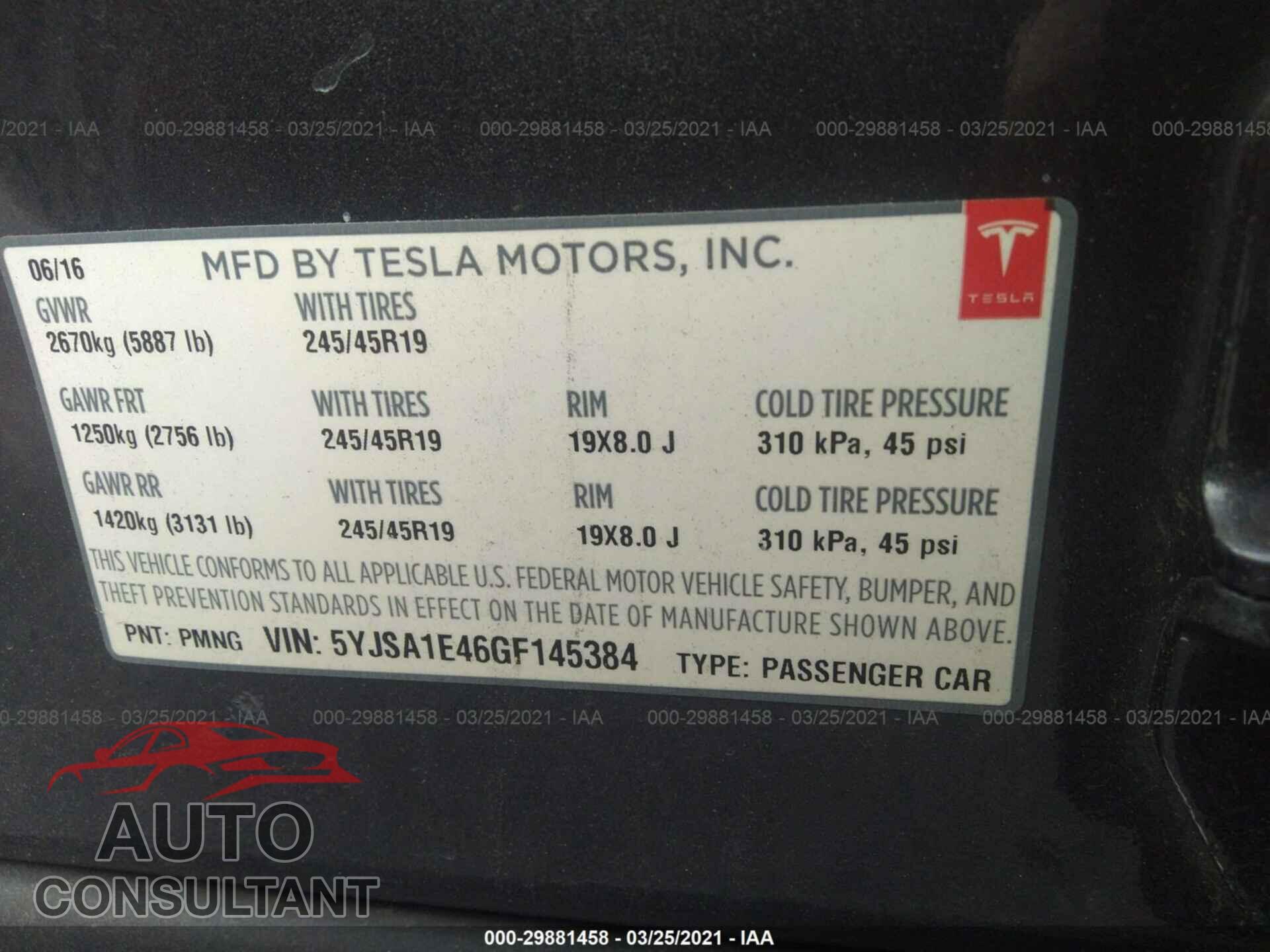 TESLA MODEL S 2016 - 5YJSA1E46GF145384