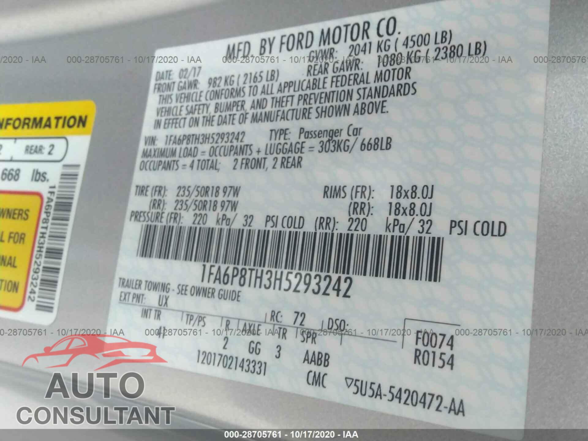 FORD MUSTANG 2017 - 1FA6P8TH3H5293242