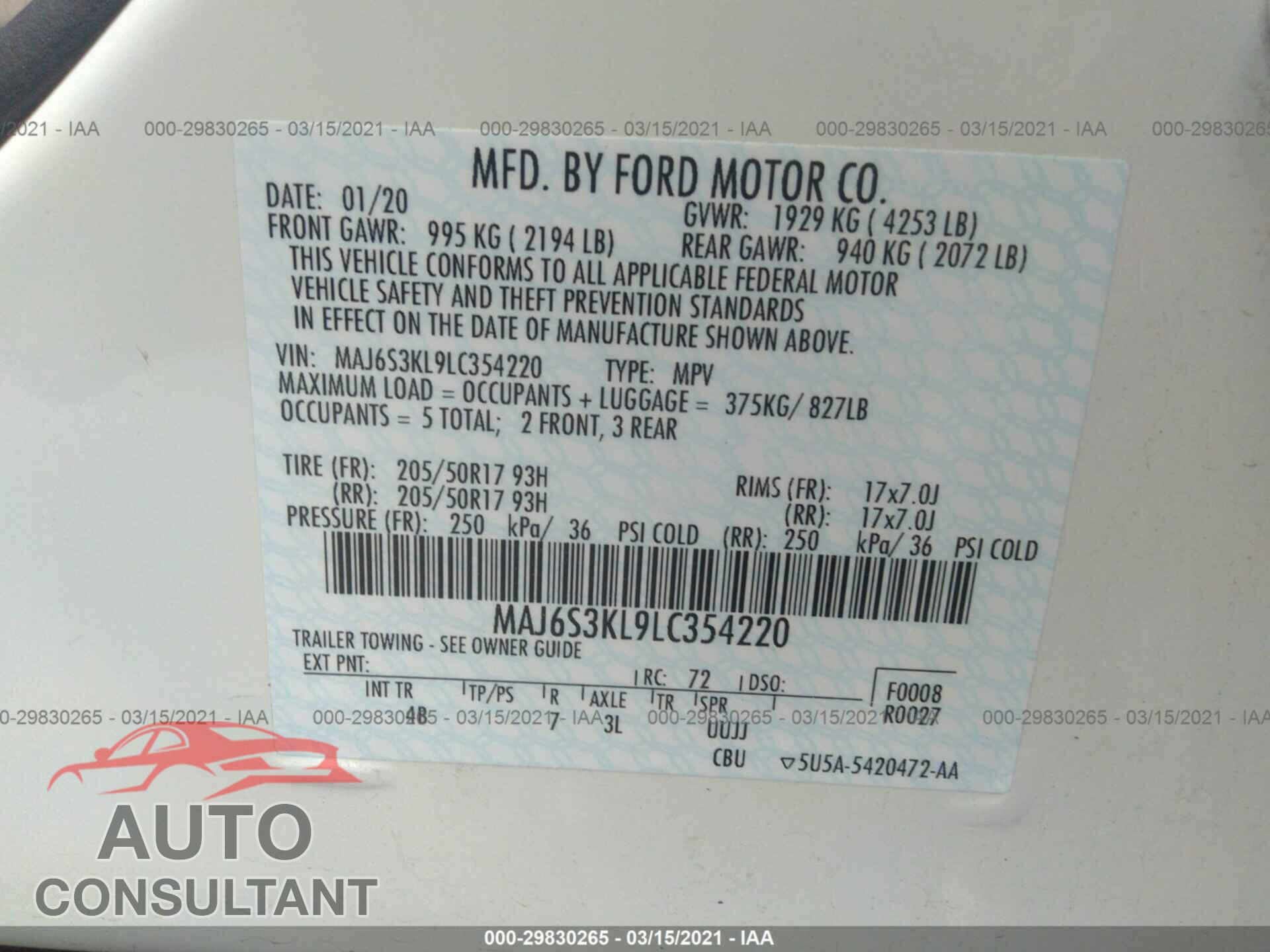 FORD ECOSPORT 2020 - MAJ6S3KL9LC354220