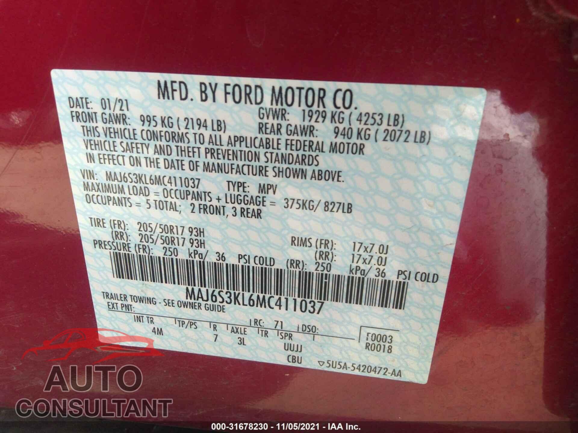 FORD ECOSPORT 2021 - MAJ6S3KL6MC411037