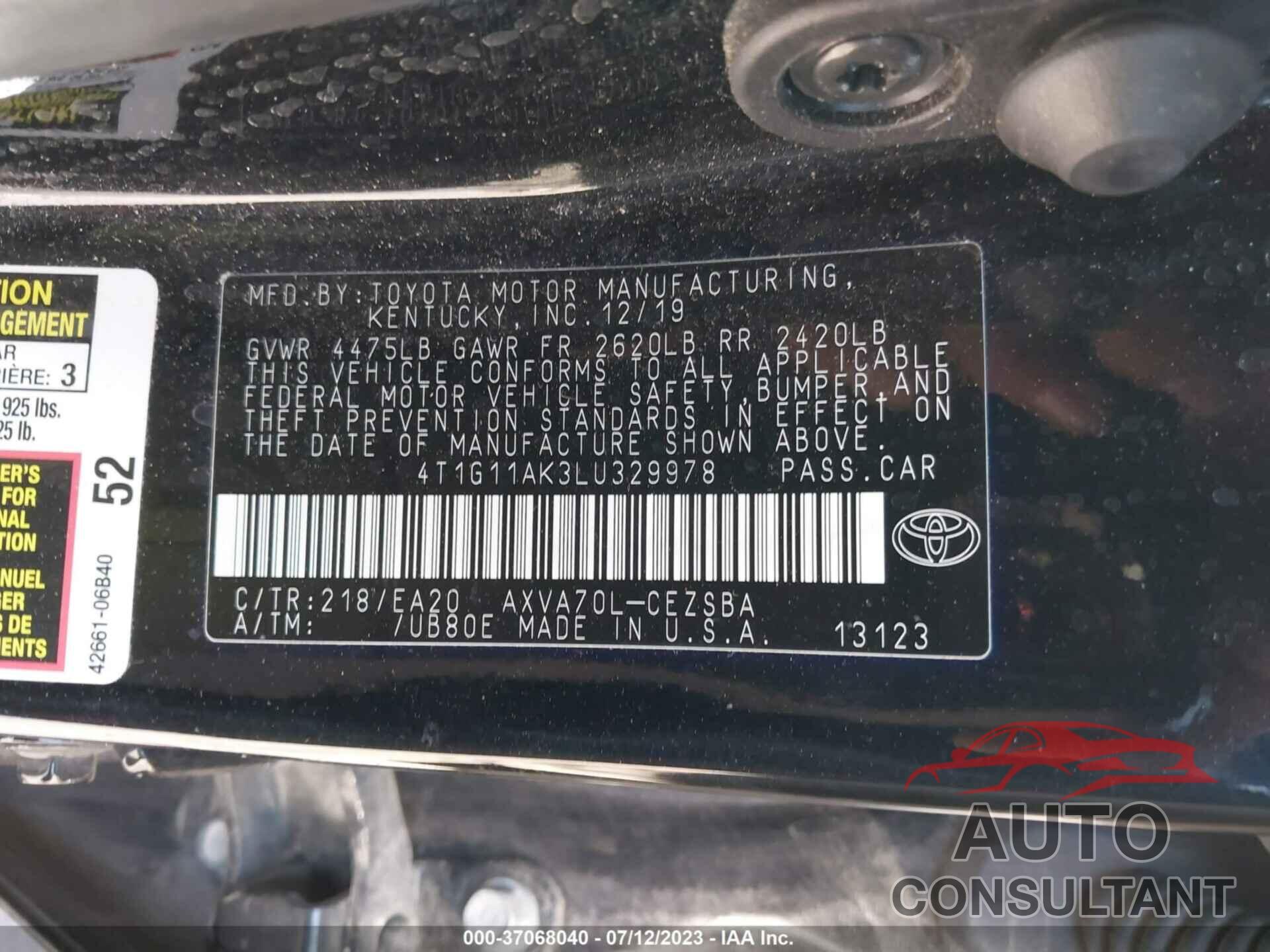 TOYOTA CAMRY 2020 - 4T1G11AK3LU329978