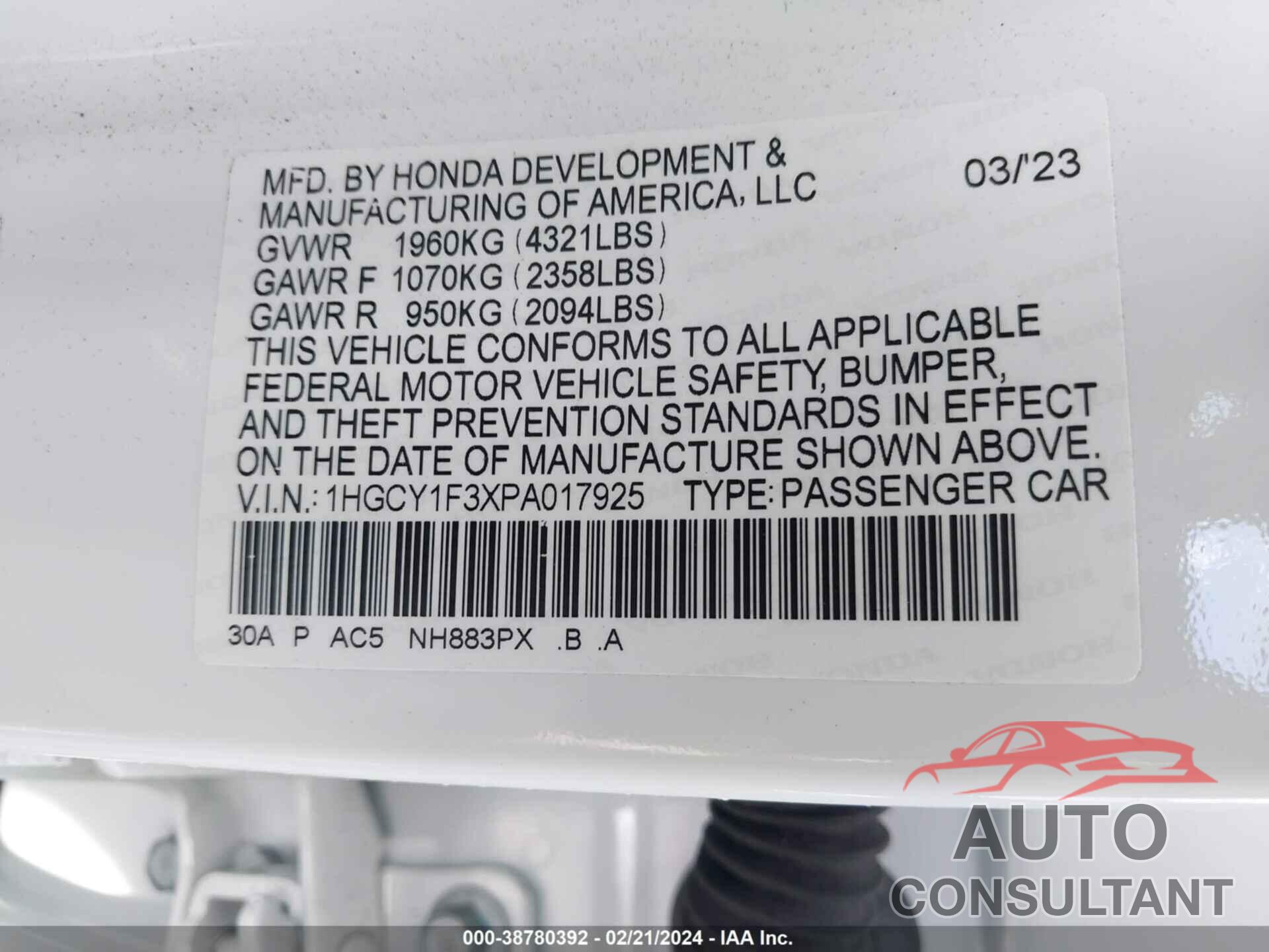 HONDA ACCORD 2023 - 1HGCY1F3XPA017925