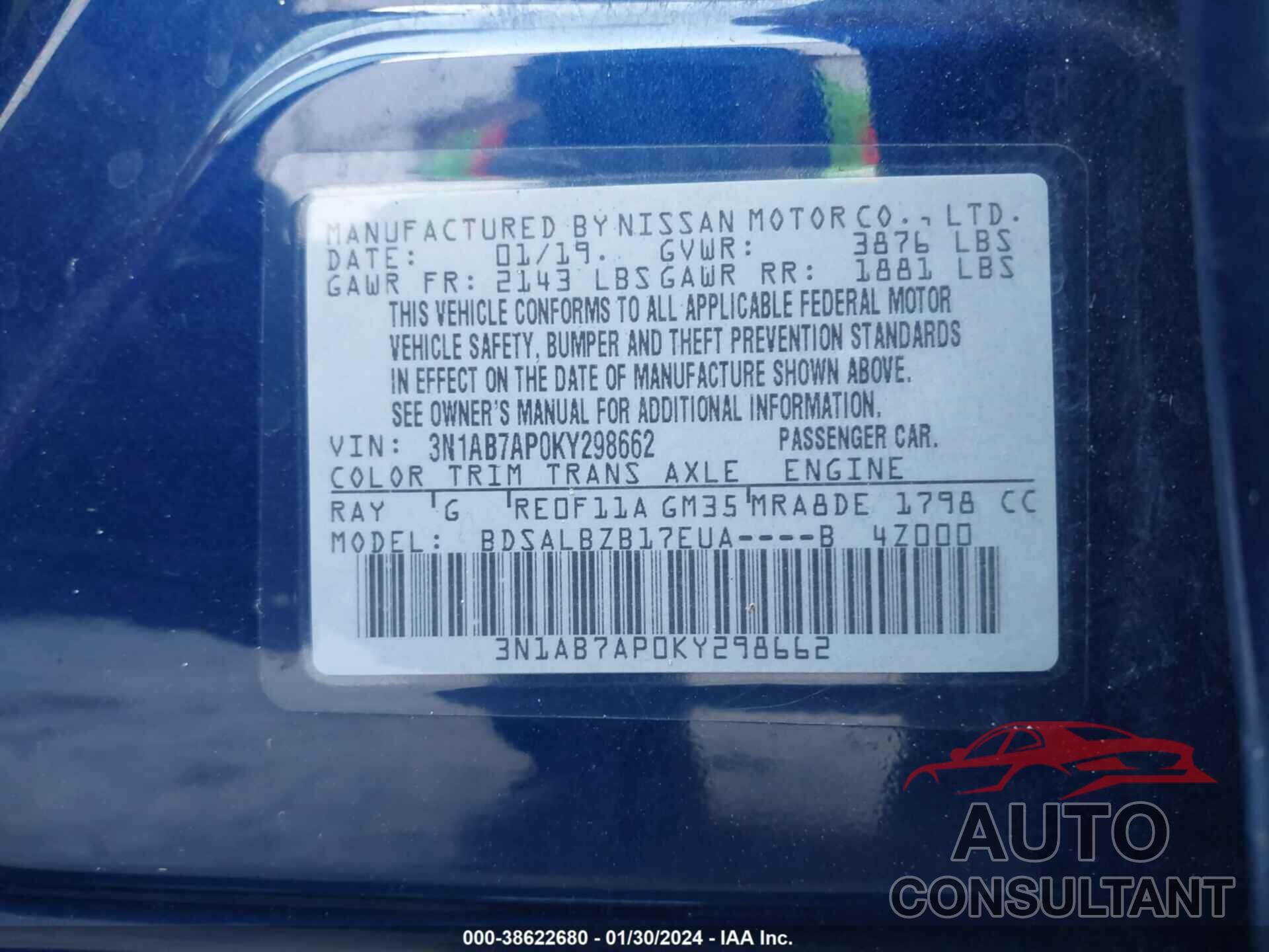 NISSAN SENTRA 2019 - 3N1AB7AP0KY298662