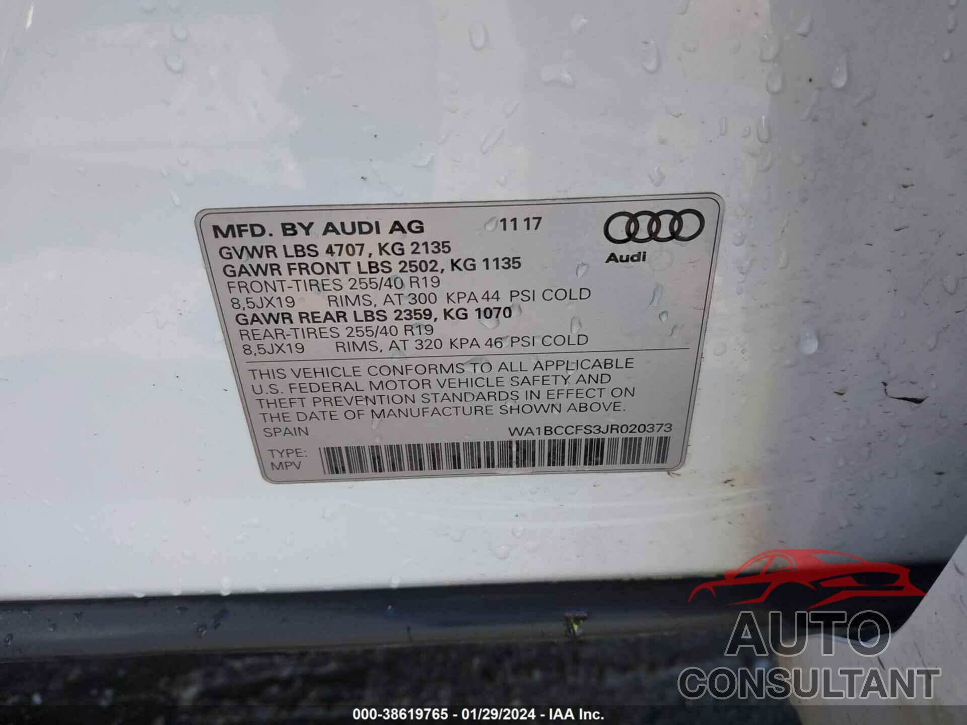 AUDI Q3 2018 - WA1BCCFS3JR020373