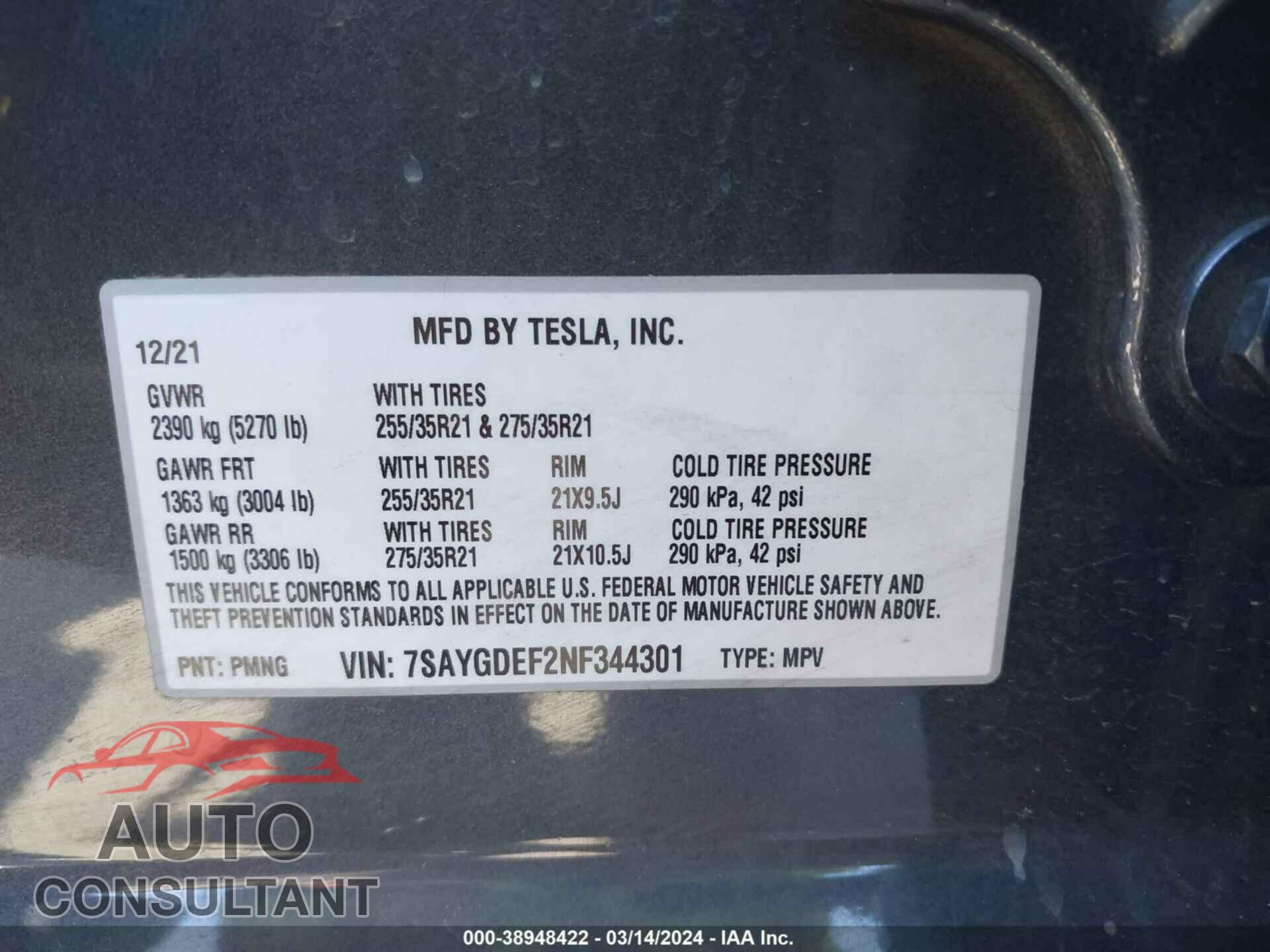 TESLA MODEL Y 2022 - 7SAYGDEF2NF344301