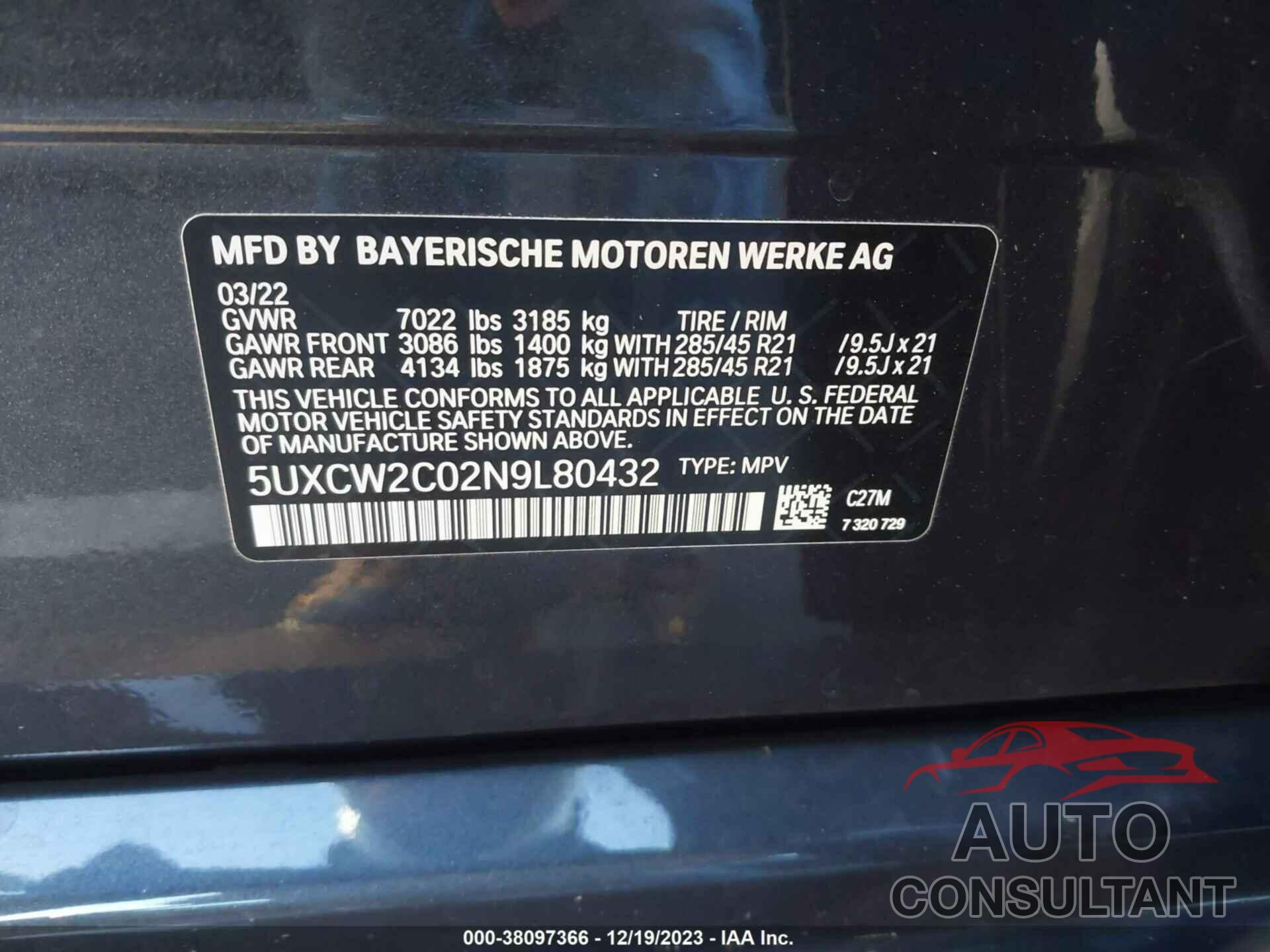BMW X7 2022 - 5UXCW2C02N9L80432