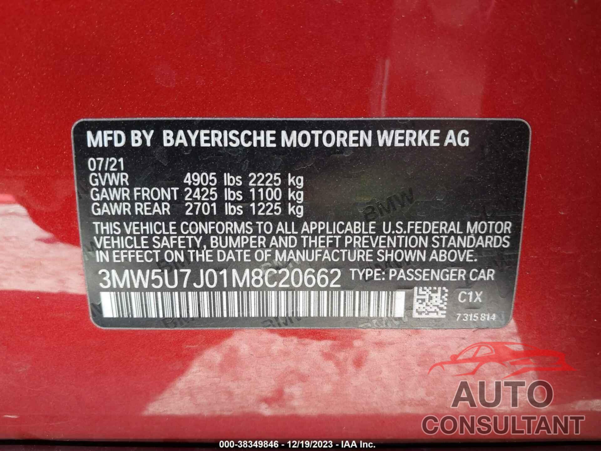 BMW 3 SERIES 2021 - 3MW5U7J01M8C20662