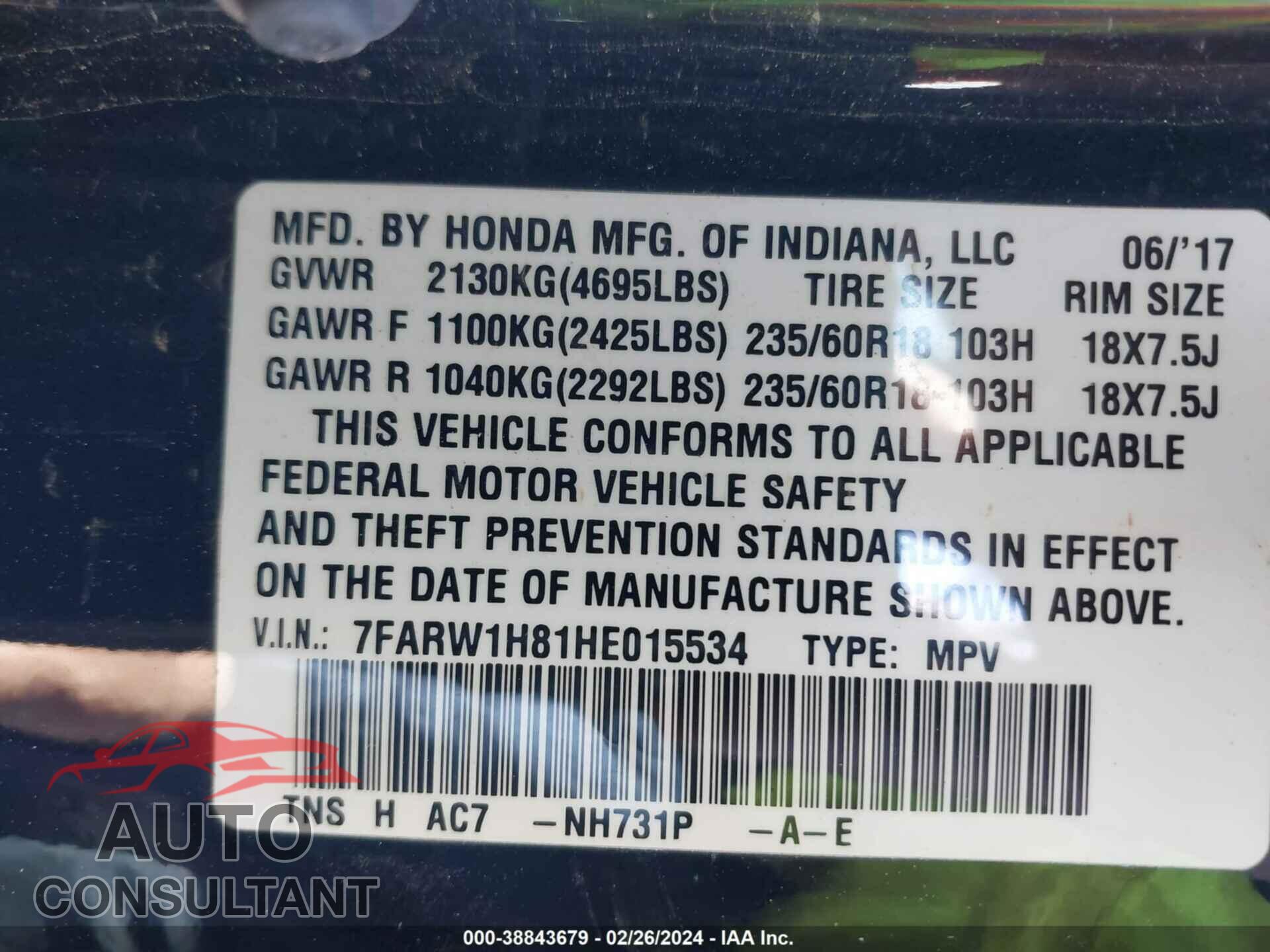 HONDA CR-V 2017 - 7FARW1H81HE015534