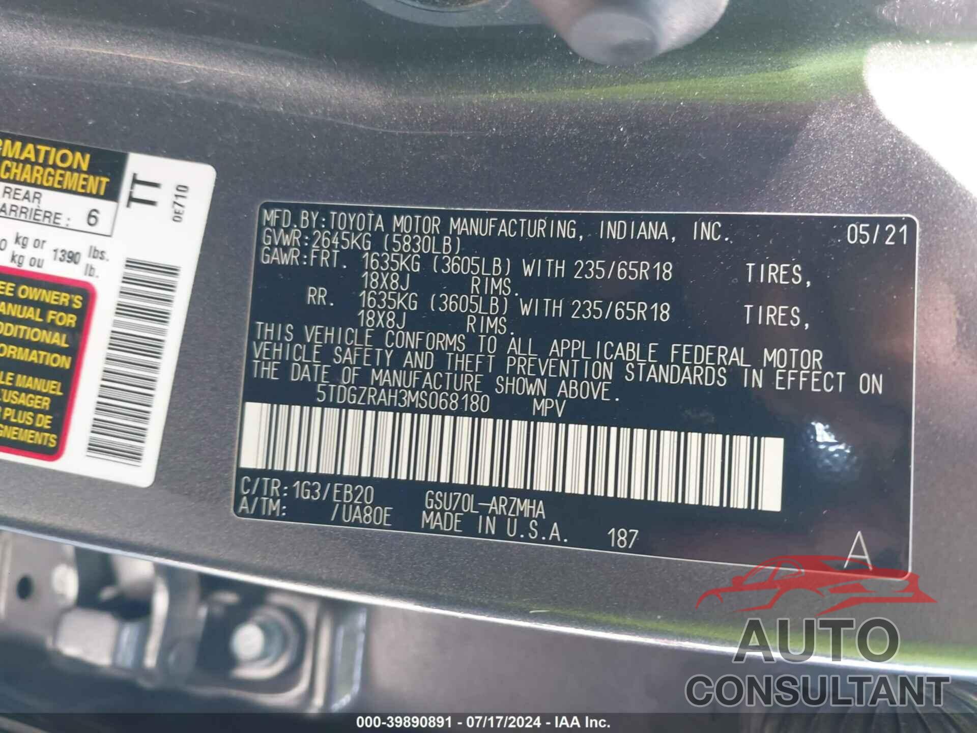 TOYOTA HIGHLANDER 2021 - 5TDGZRAH3MS068180