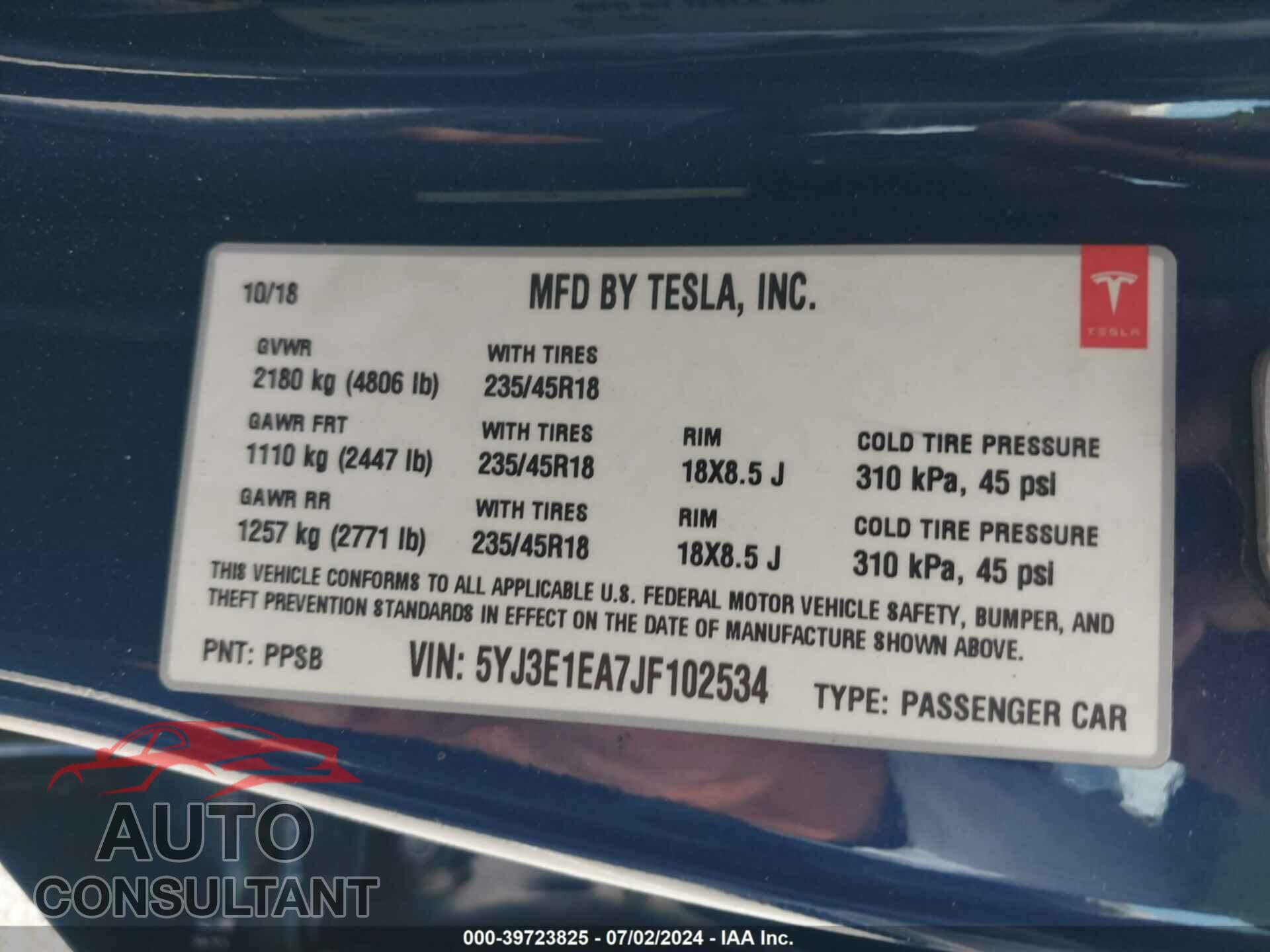 TESLA MODEL 3 2018 - 5YJ3E1EA7JF102534