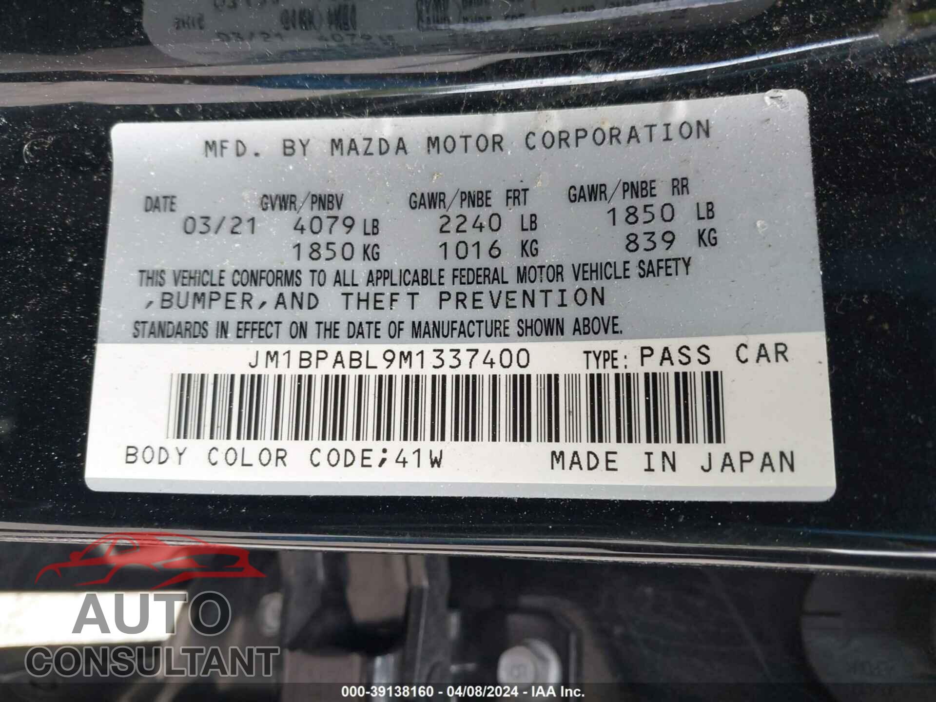 MAZDA MAZDA3 2021 - JM1BPABL9M1337400