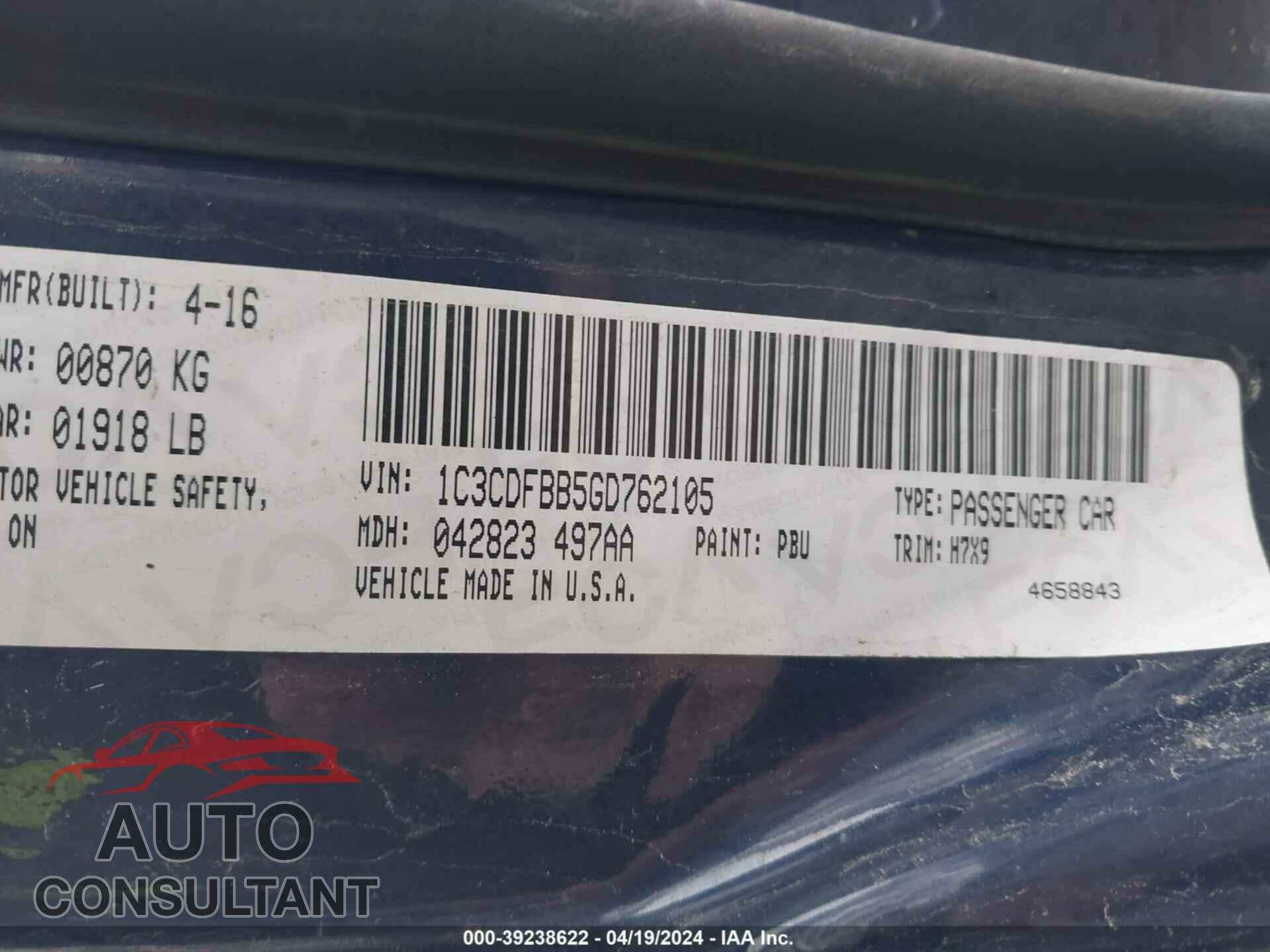 DODGE DART 2016 - 1C3CDFBB5GD762105