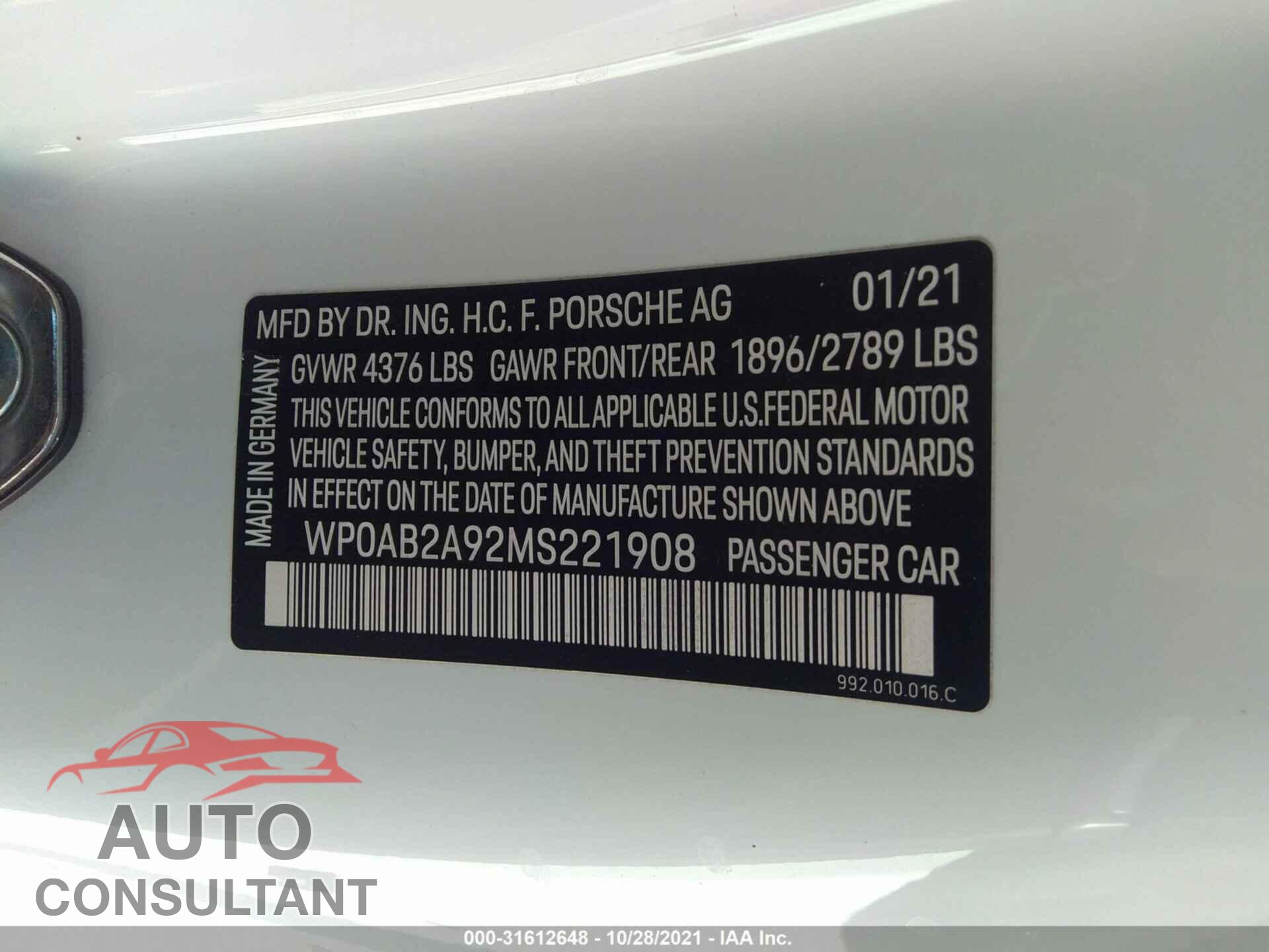 PORSCHE 911 2021 - WP0AB2A92MS221908