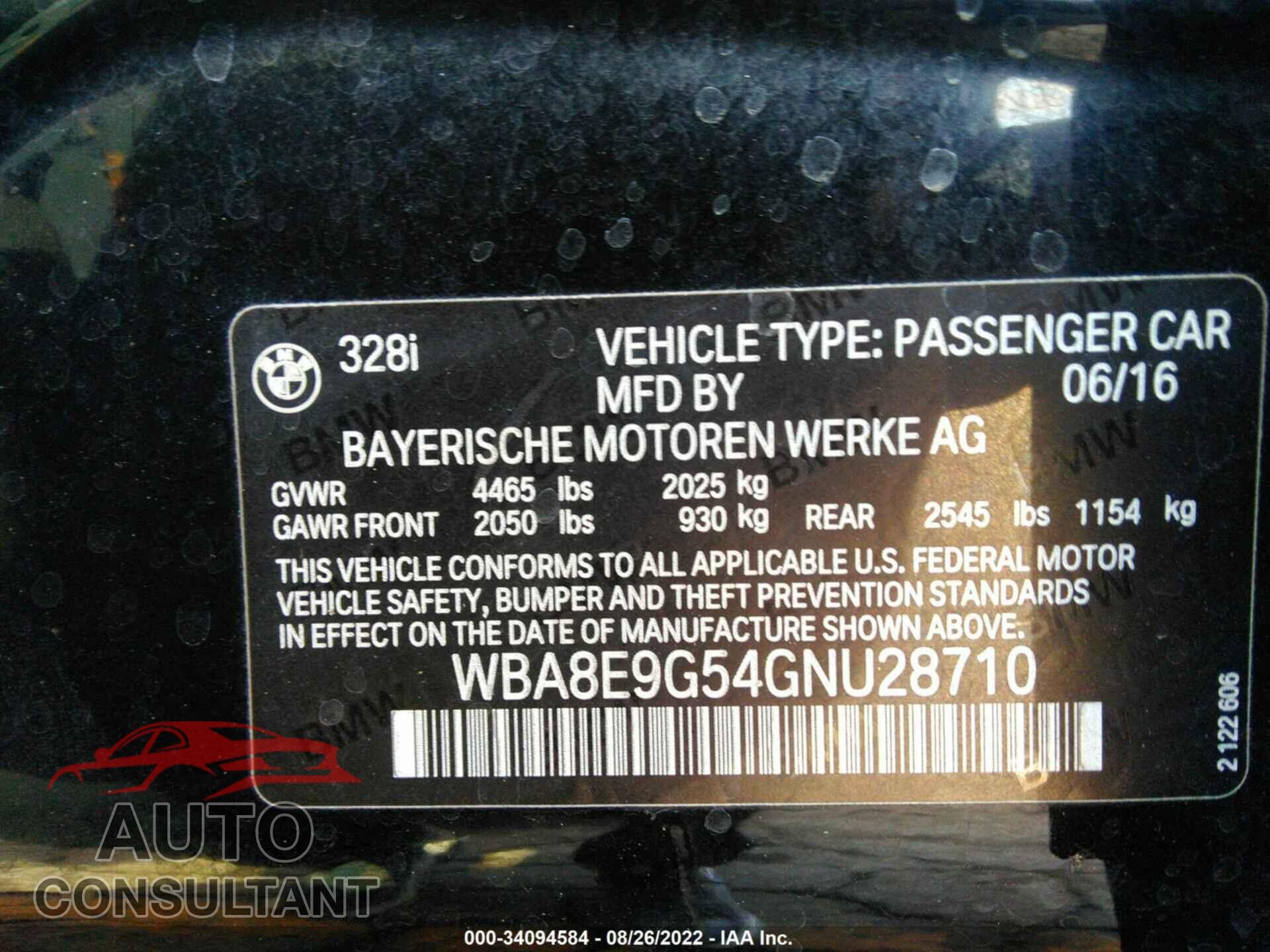 BMW 3 SERIES 2016 - WBA8E9G54GNU28710