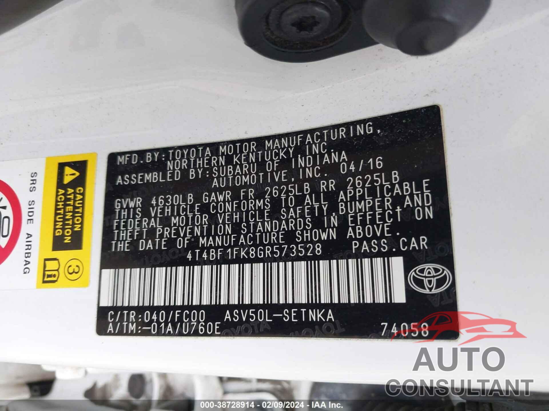 TOYOTA CAMRY 2016 - 4T4BF1FK8GR573528