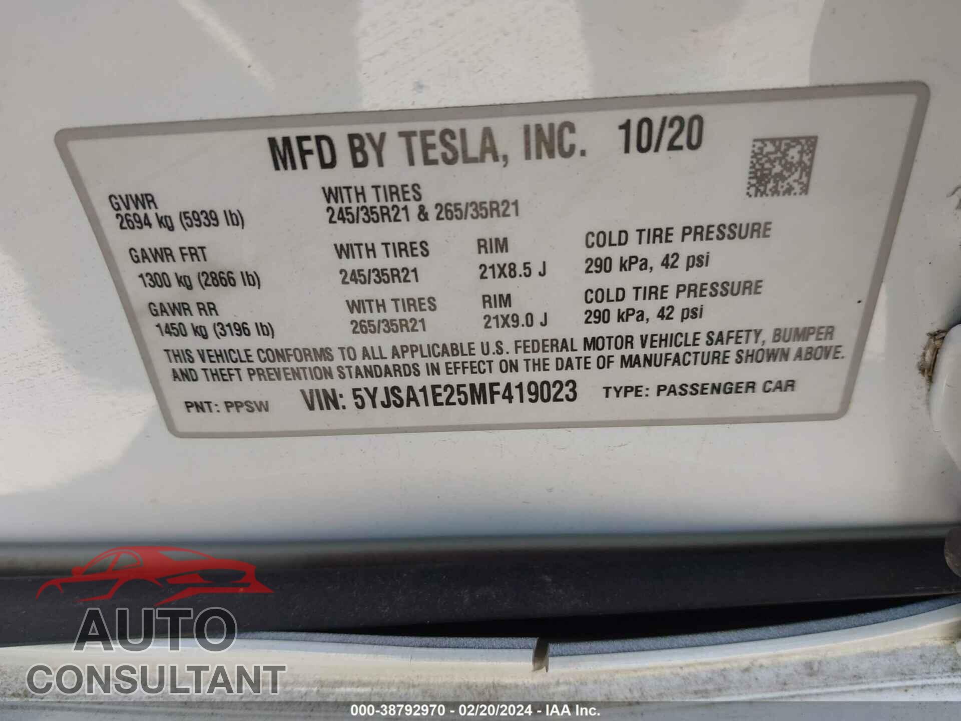 TESLA MODEL S 2021 - 5YJSA1E25MF419023