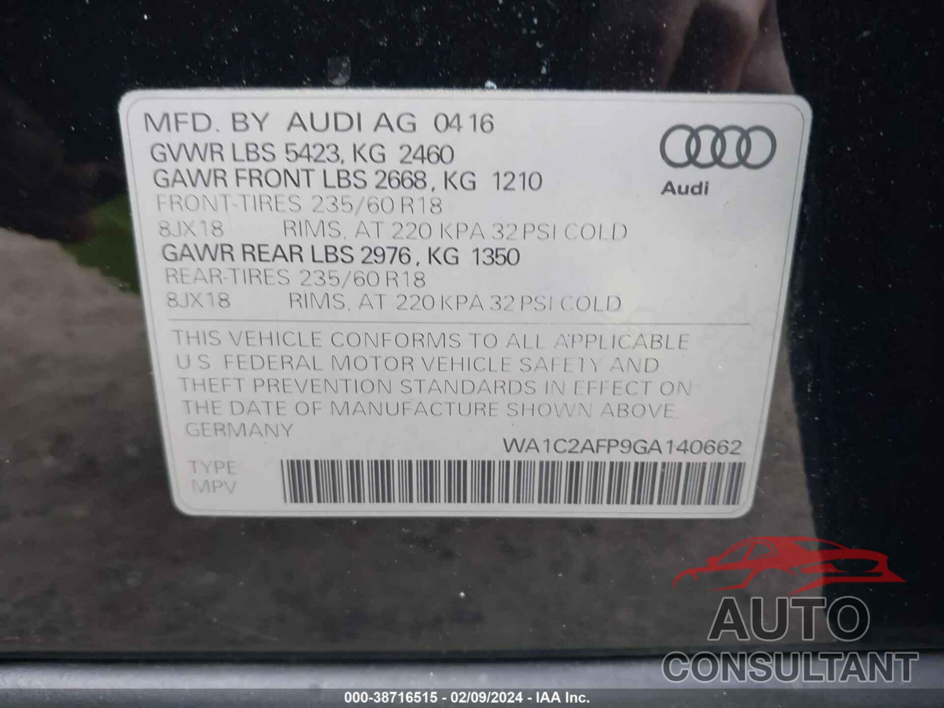 AUDI Q5 2016 - WA1C2AFP9GA140662