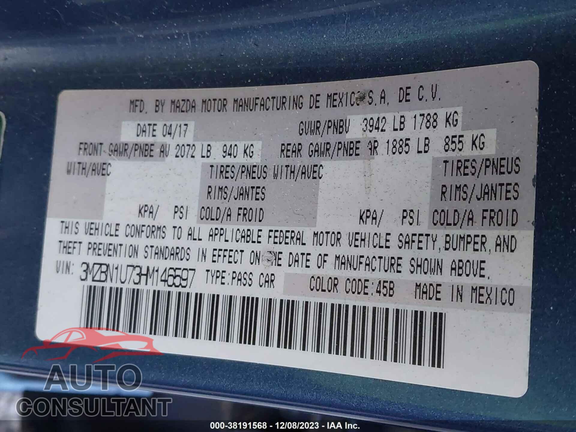 MAZDA 3 2017 - 3MZBN1U73HM146597