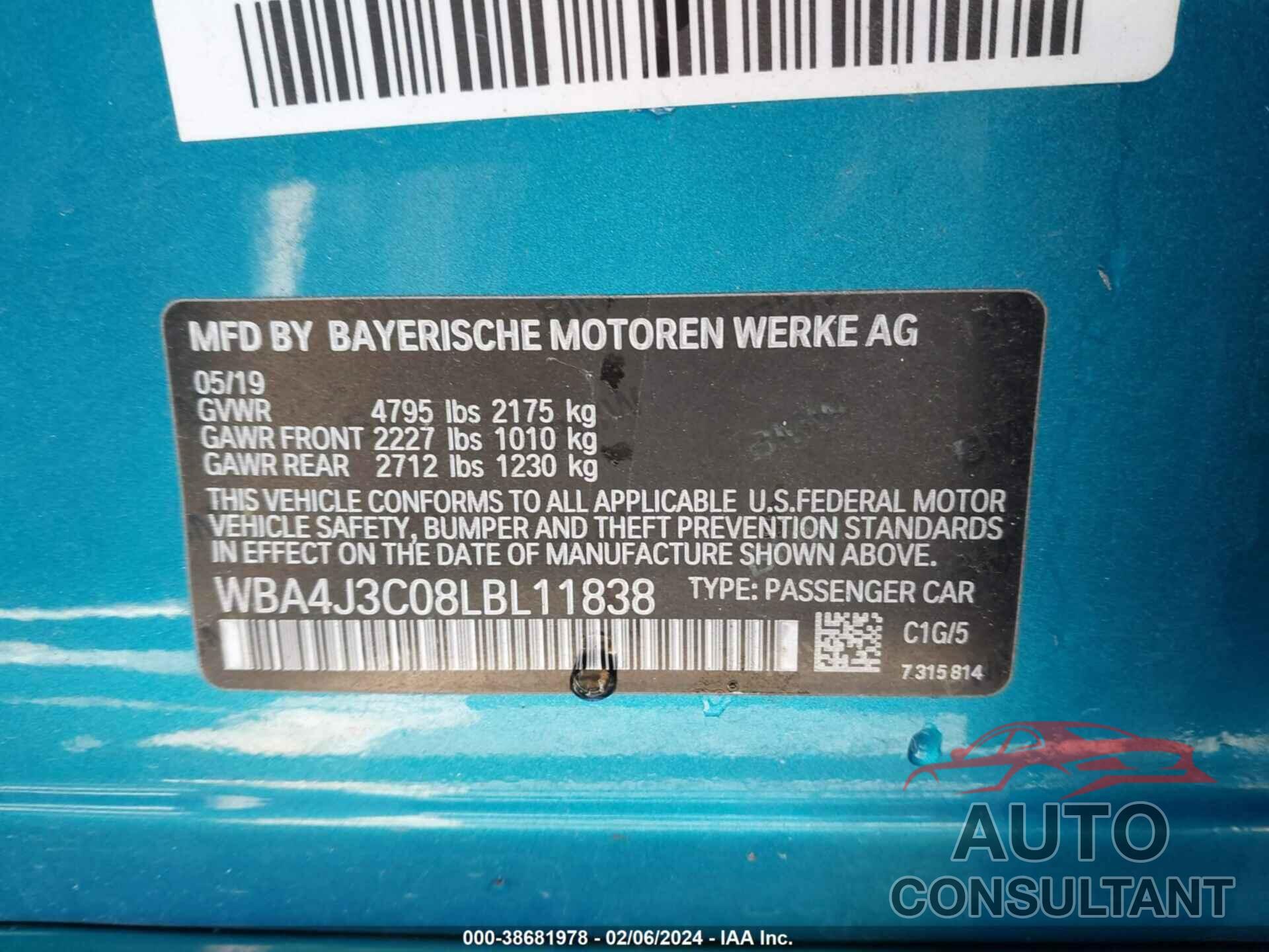 BMW 430I GRAN COUPE 2020 - WBA4J3C08LBL11838