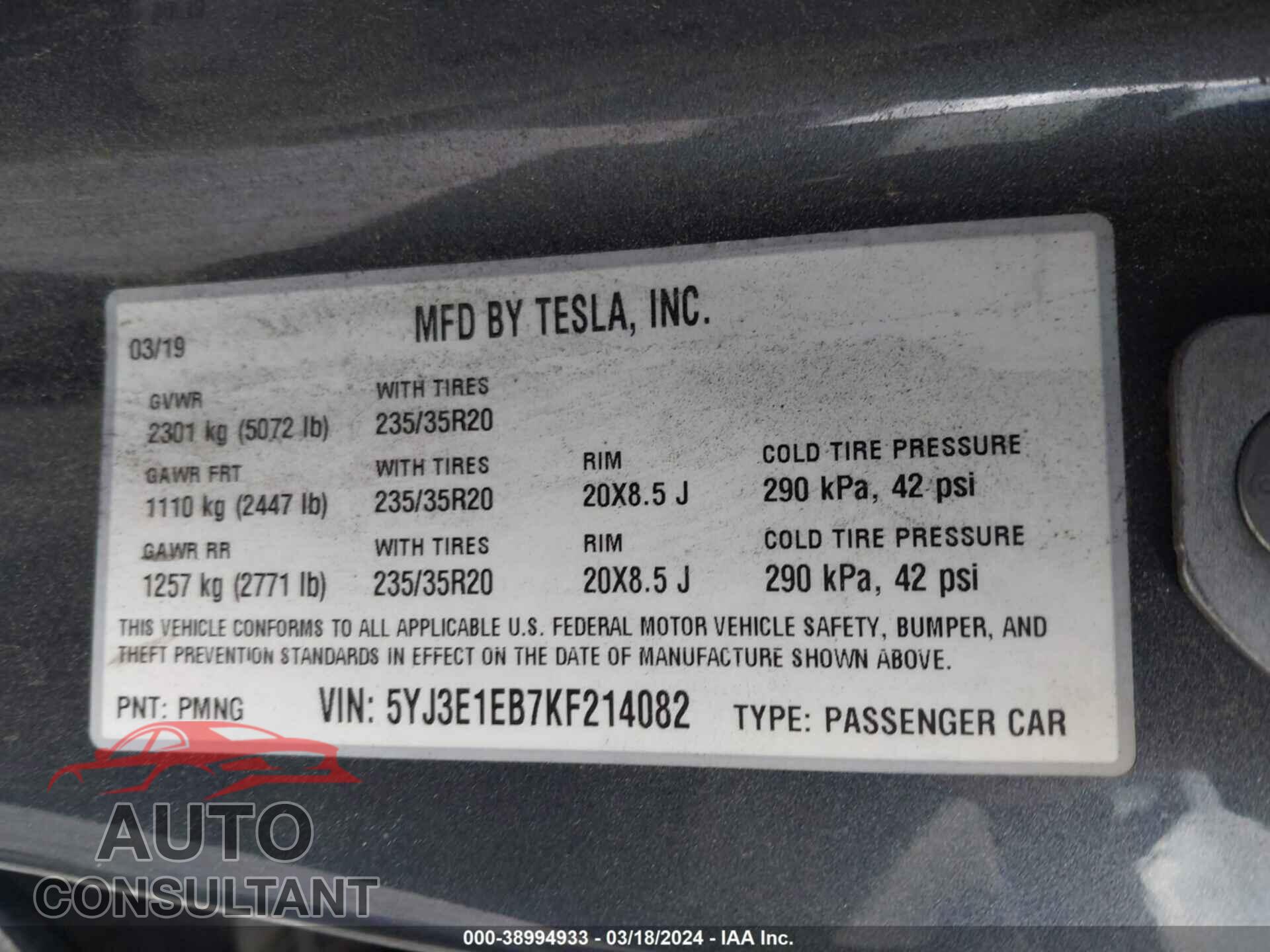 TESLA MODEL 3 2019 - 5YJ3E1EB7KF214082