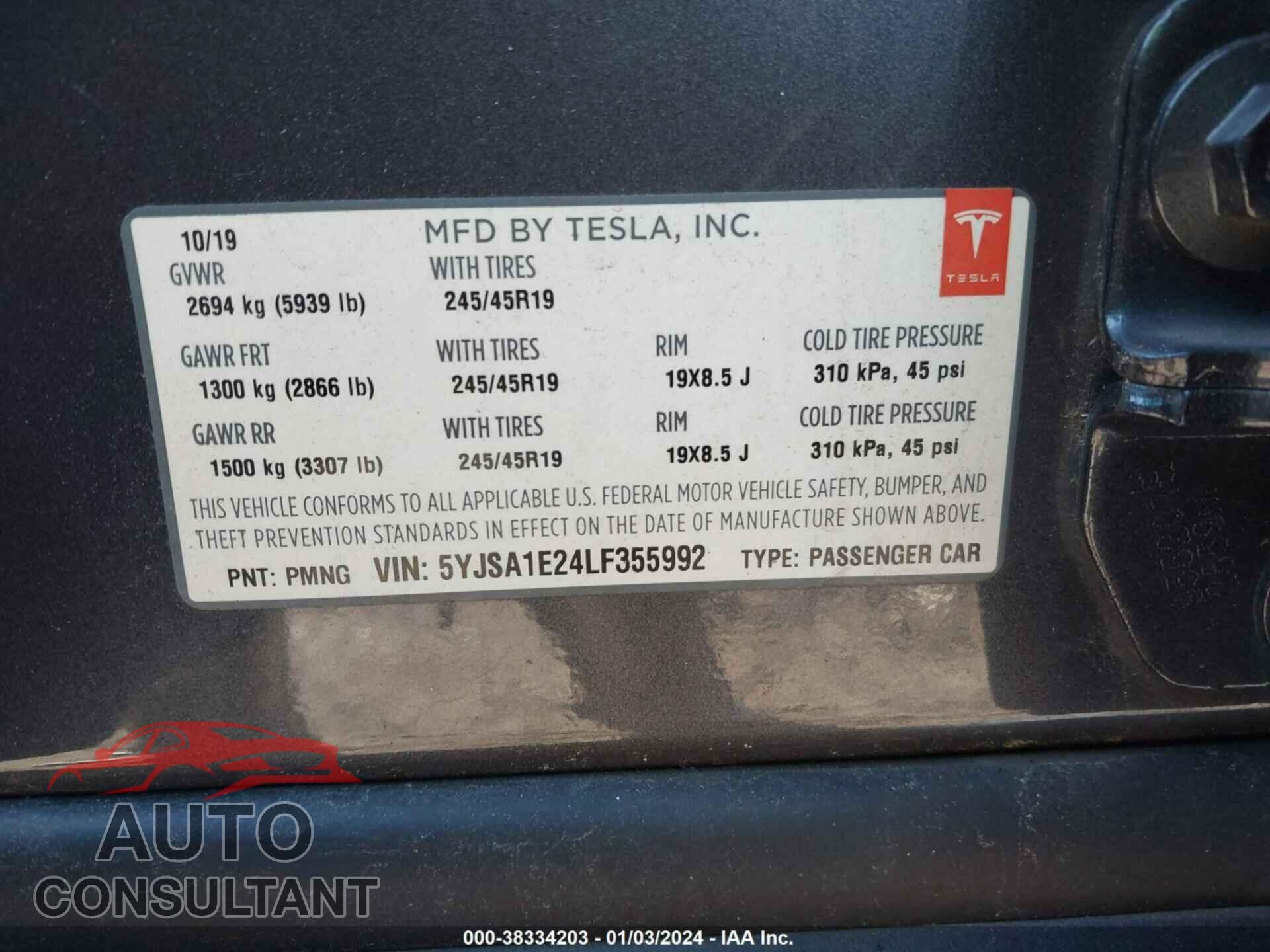 TESLA MODEL S 2020 - 5YJSA1E24LF355992