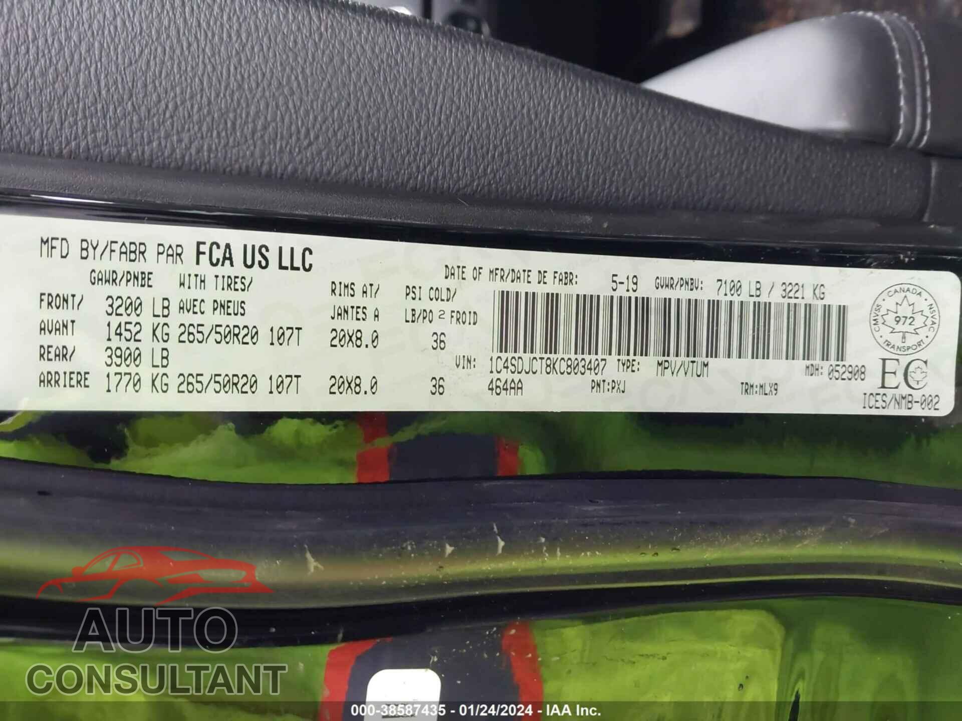 DODGE DURANGO 2019 - 1C4SDJCT8KC803407