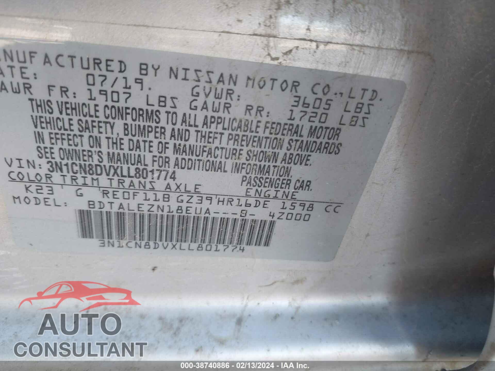 NISSAN VERSA 2020 - 3N1CN8DVXLL801774