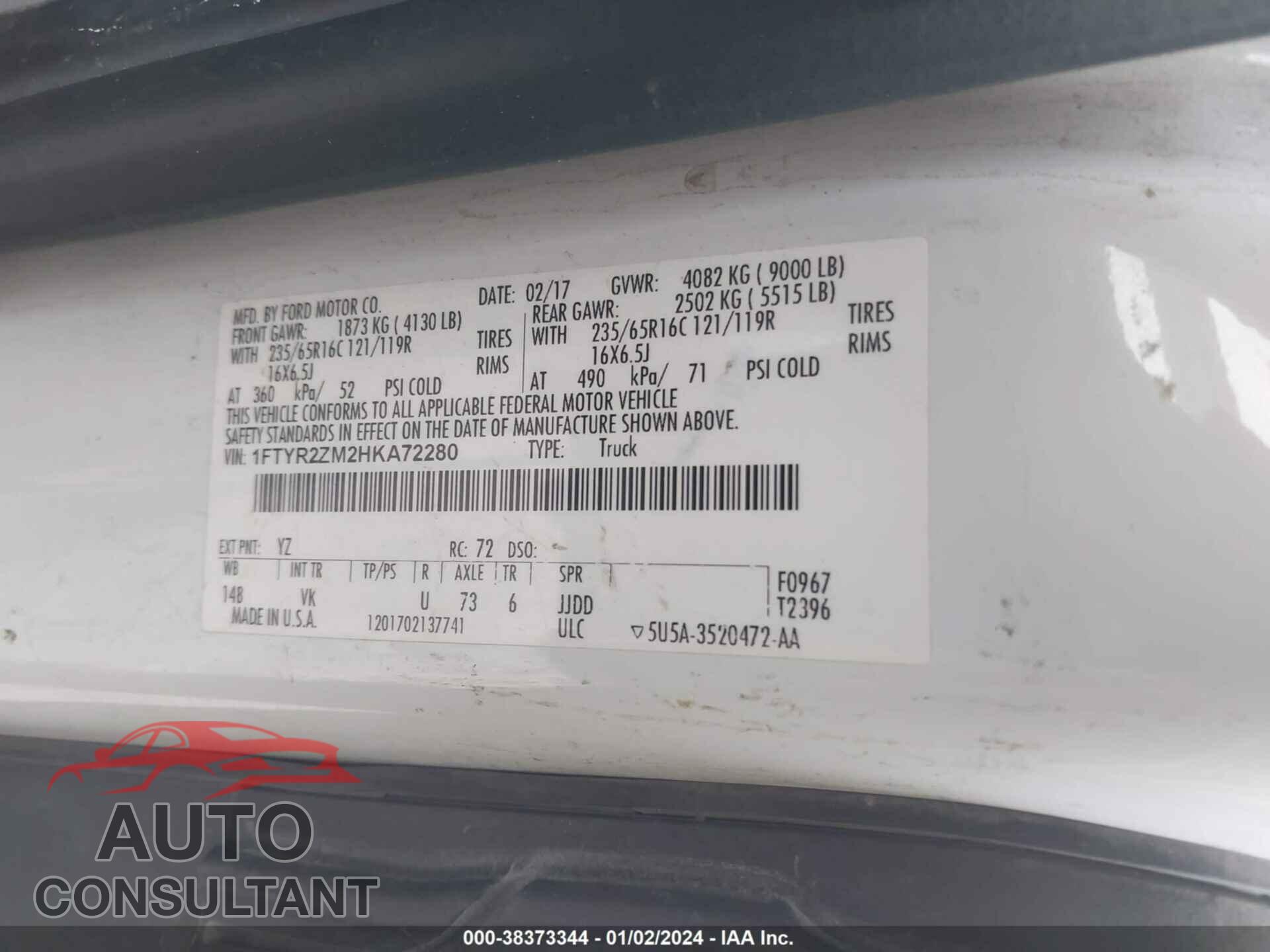 FORD TRANSIT-250 2017 - 1FTYR2ZM2HKA72280