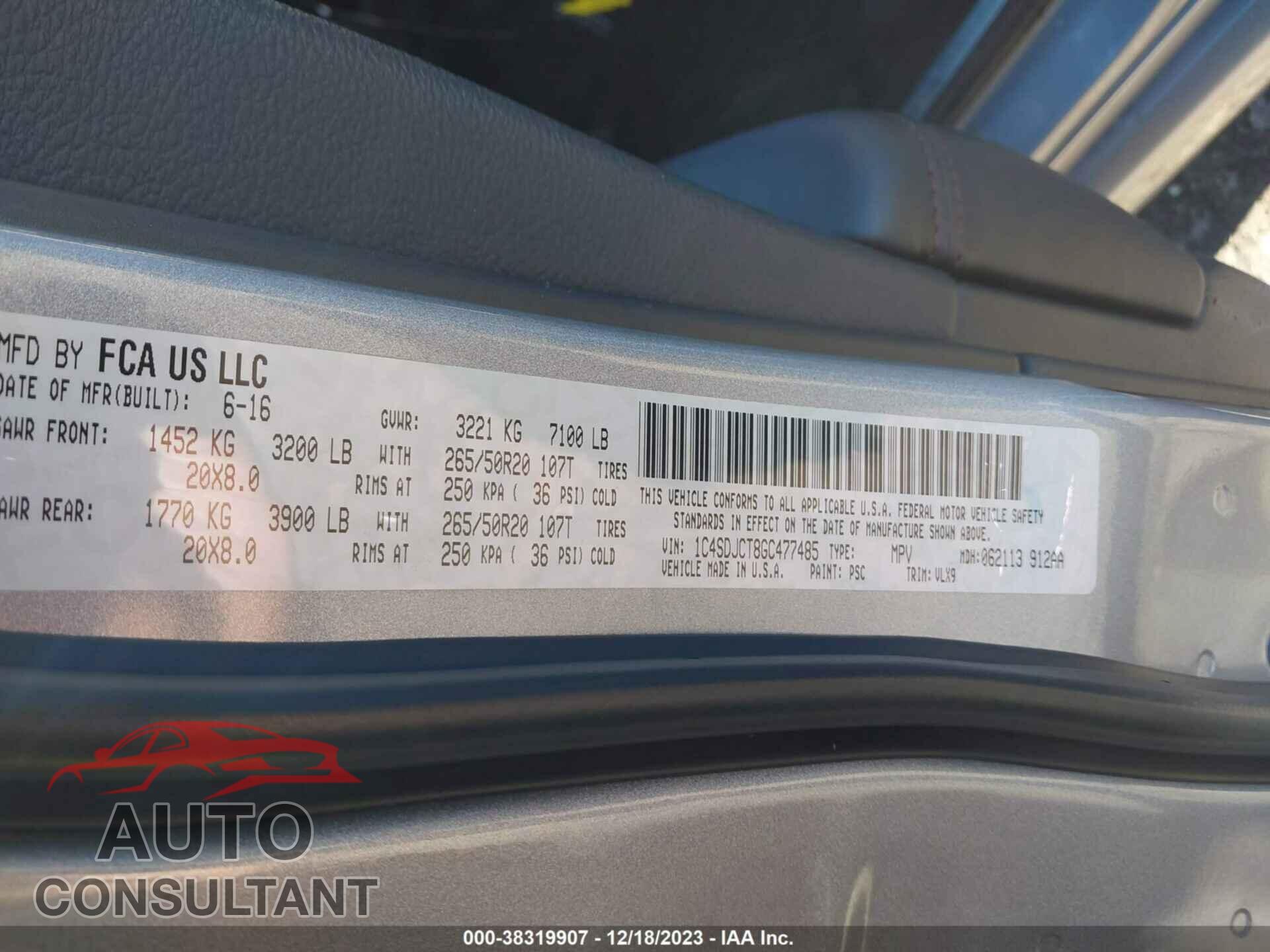 DODGE DURANGO 2016 - 1C4SDJCT8GC477485