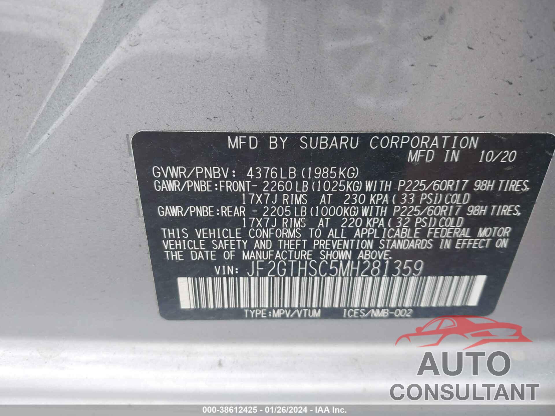 SUBARU CROSSTREK 2021 - JF2GTHSC5MH281359