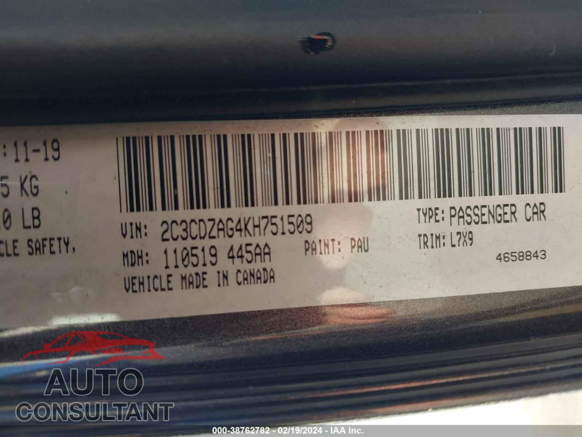 DODGE CHALLENGER 2019 - 2C3CDZAG4KH751509