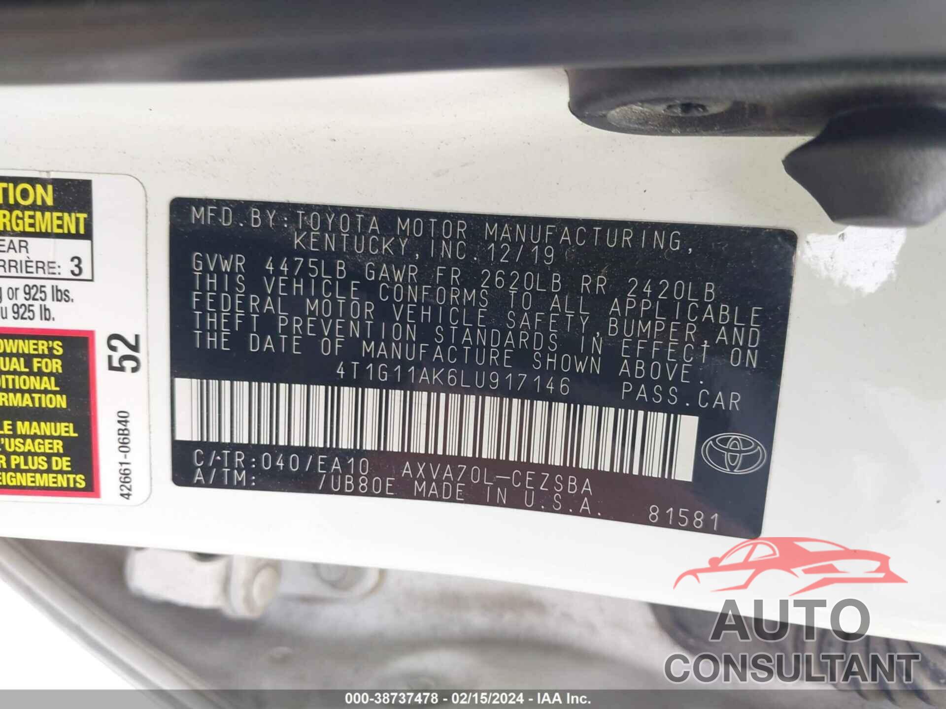 TOYOTA CAMRY 2020 - 4T1G11AK6LU917146