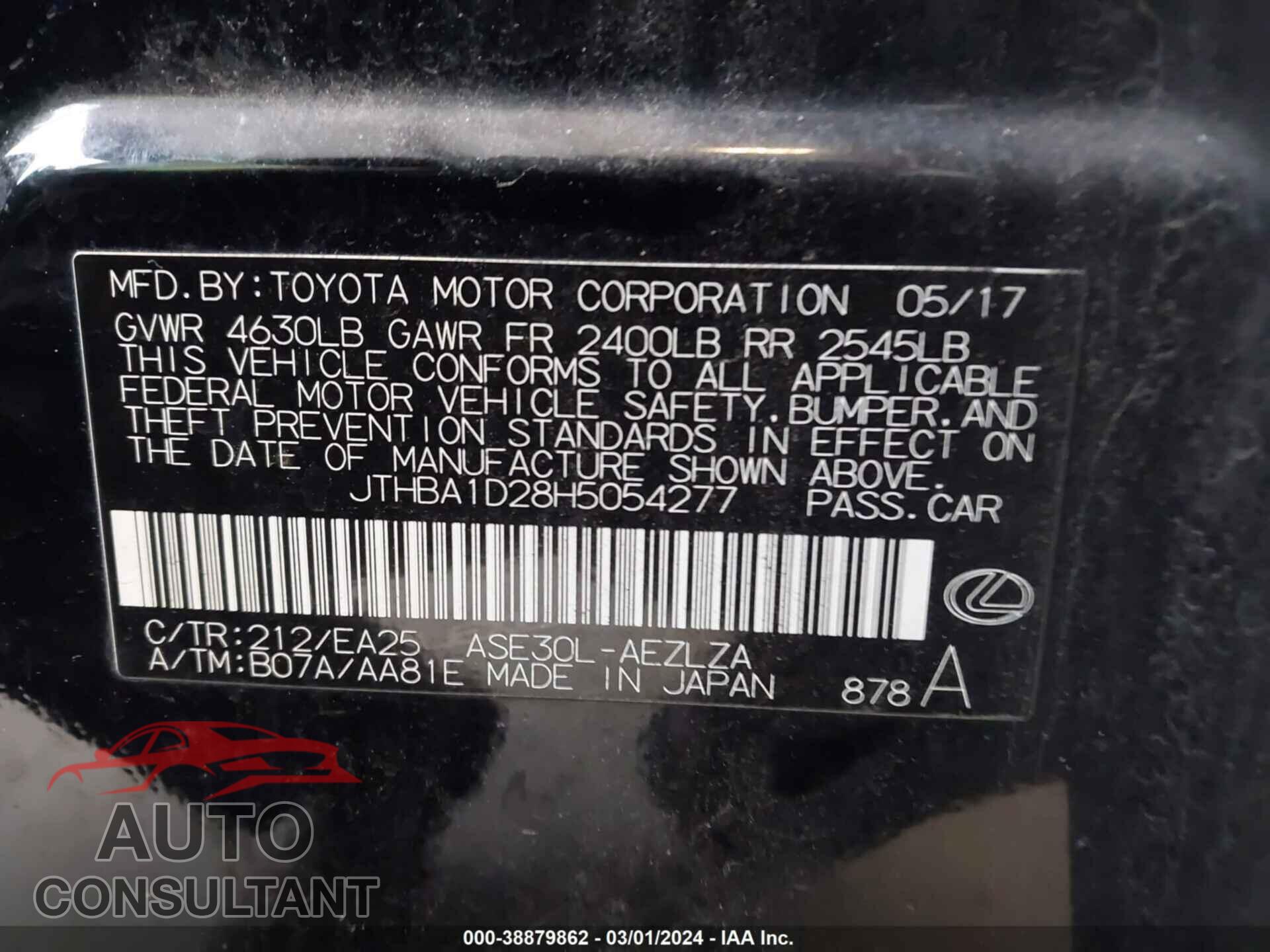 LEXUS IS 2017 - JTHBA1D28H5054277