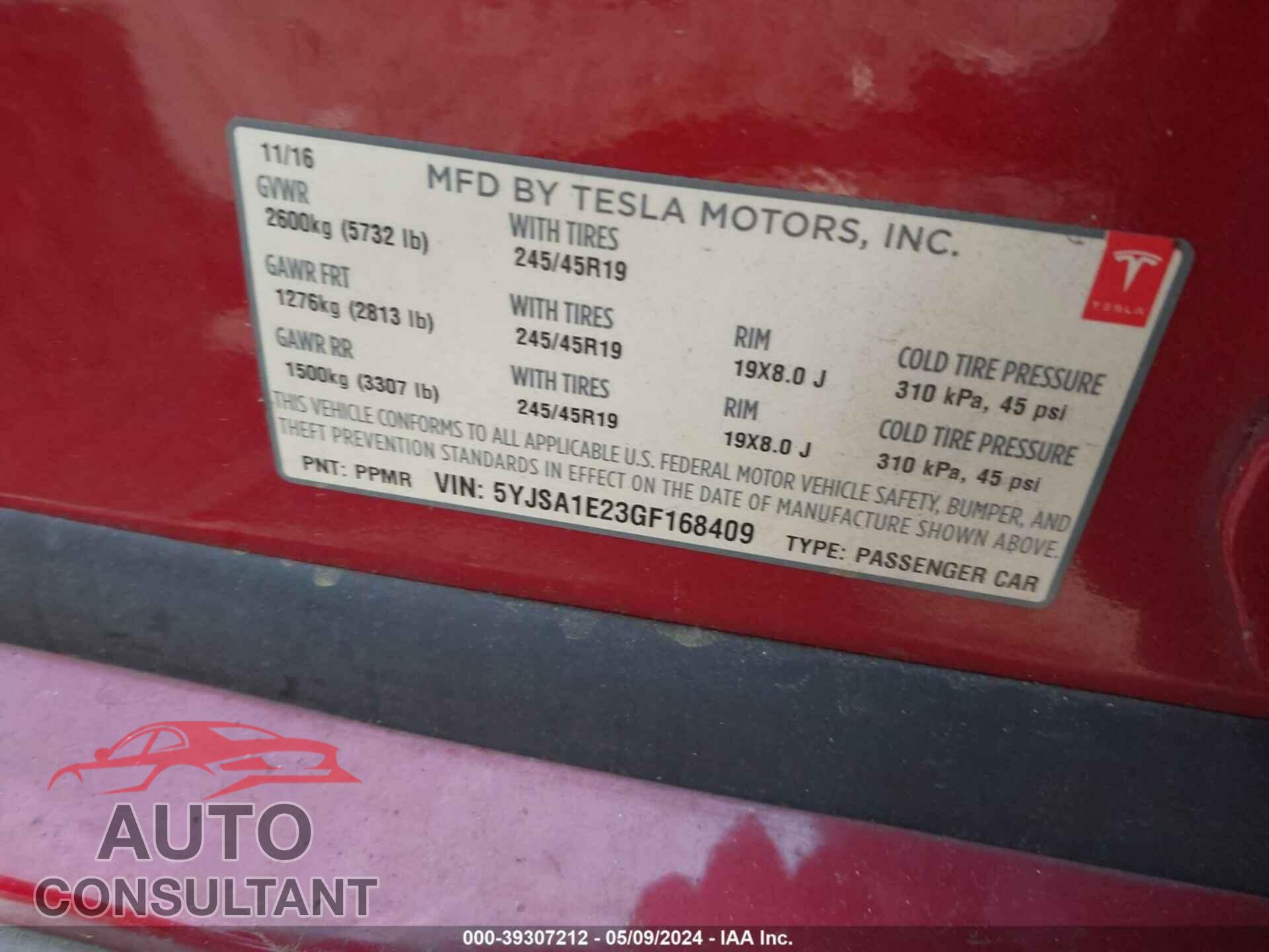 TESLA MODEL S 2016 - 5YJSA1E23GF168409