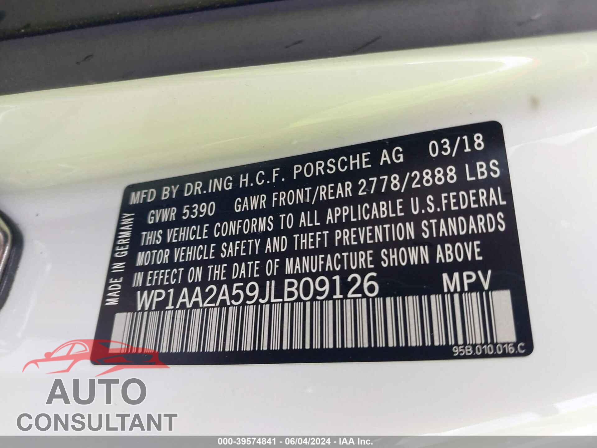 PORSCHE MACAN 2018 - WP1AA2A59JLB09126