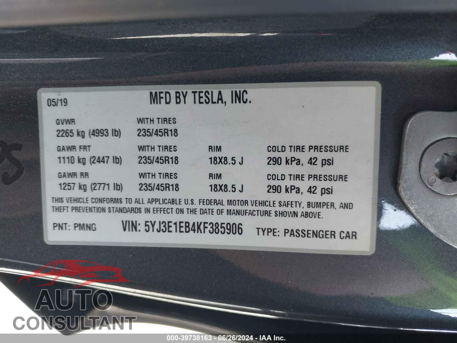 TESLA MODEL 3 2019 - 5YJ3E1EB4KF385906