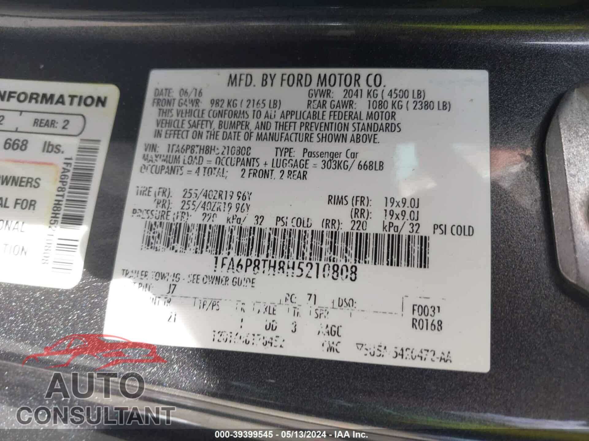 FORD MUSTANG 2017 - 1FA6P8TH8H5210808