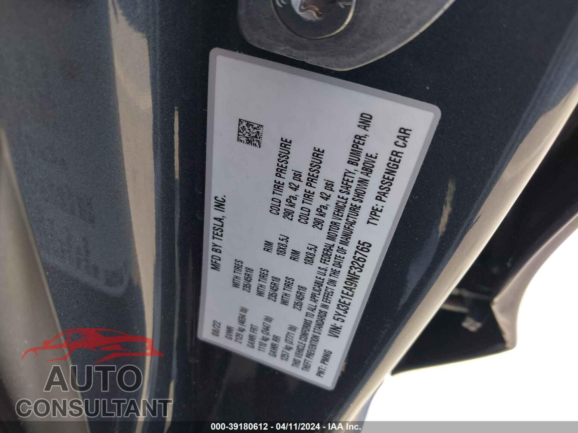TESLA MODEL 3 2022 - 5YJ3E1EA9NF326765