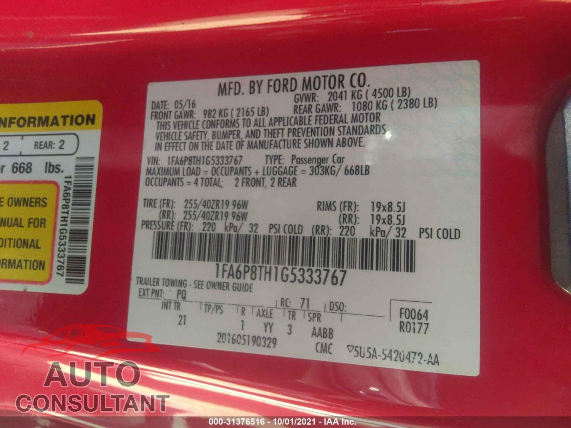 FORD MUSTANG 2016 - 1FA6P8TH1G5333767