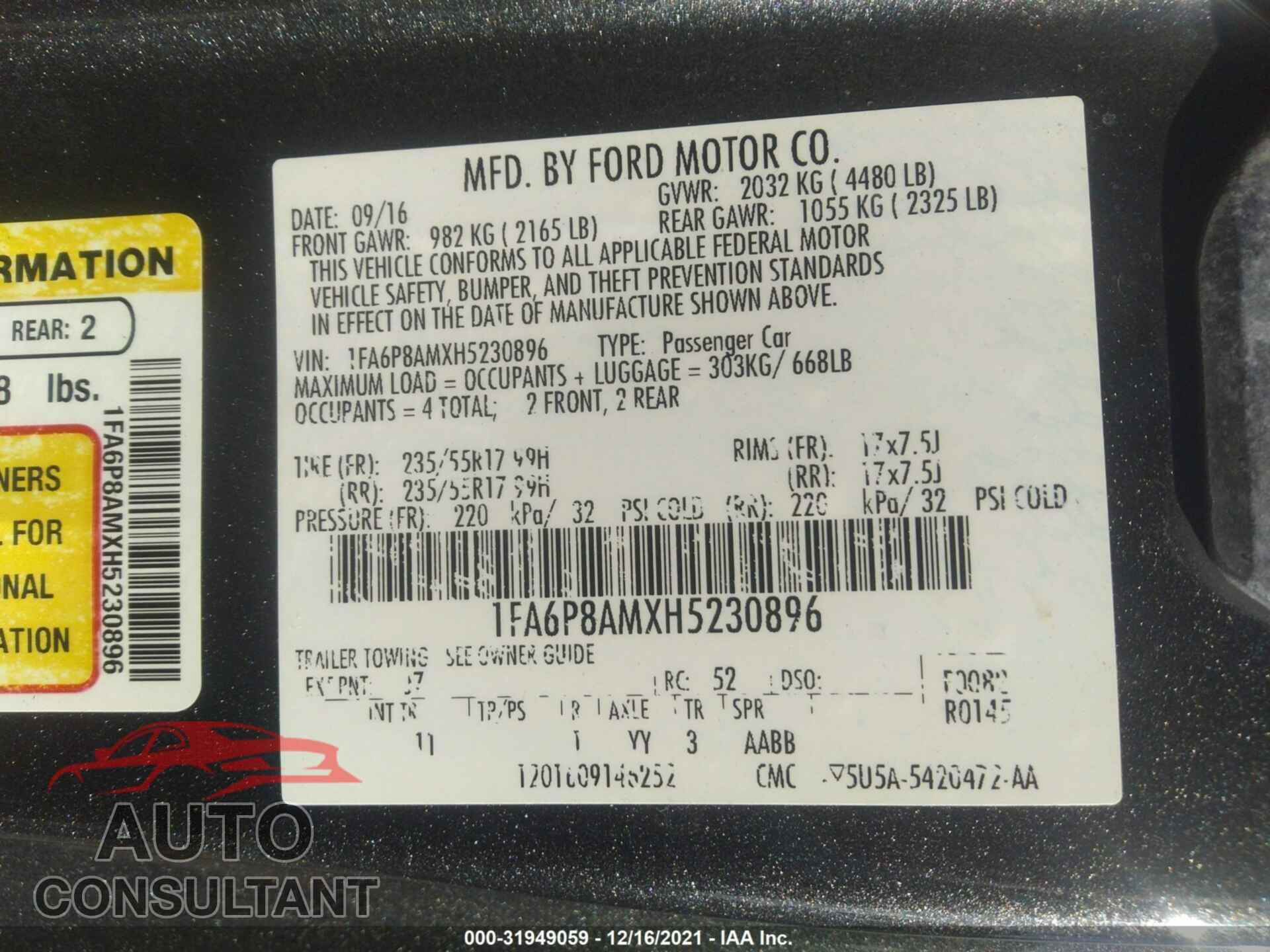 FORD MUSTANG 2017 - 1FA6P8AMXH5230896