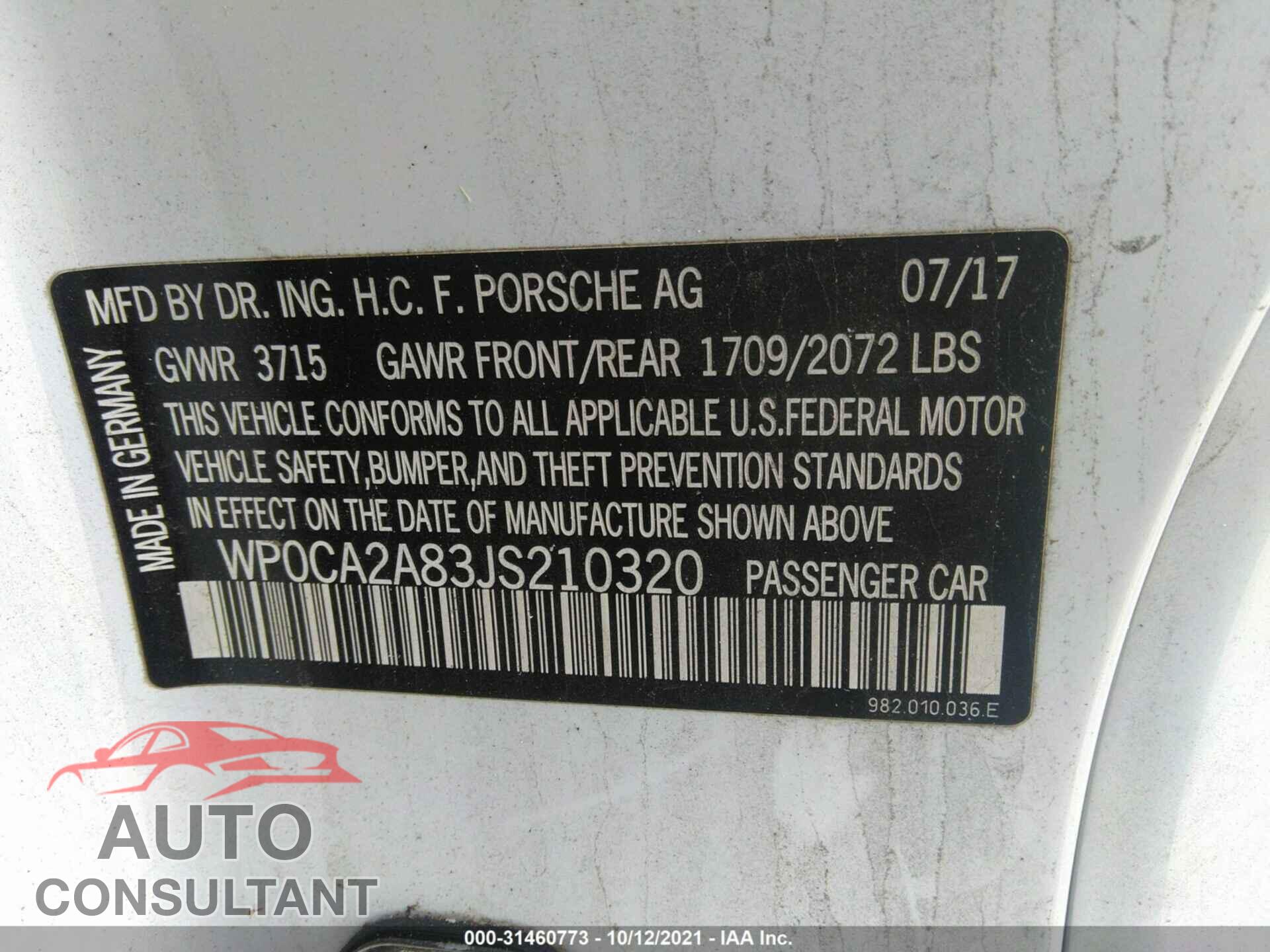 PORSCHE 718 BOXSTER 2018 - WP0CA2A83JS210320