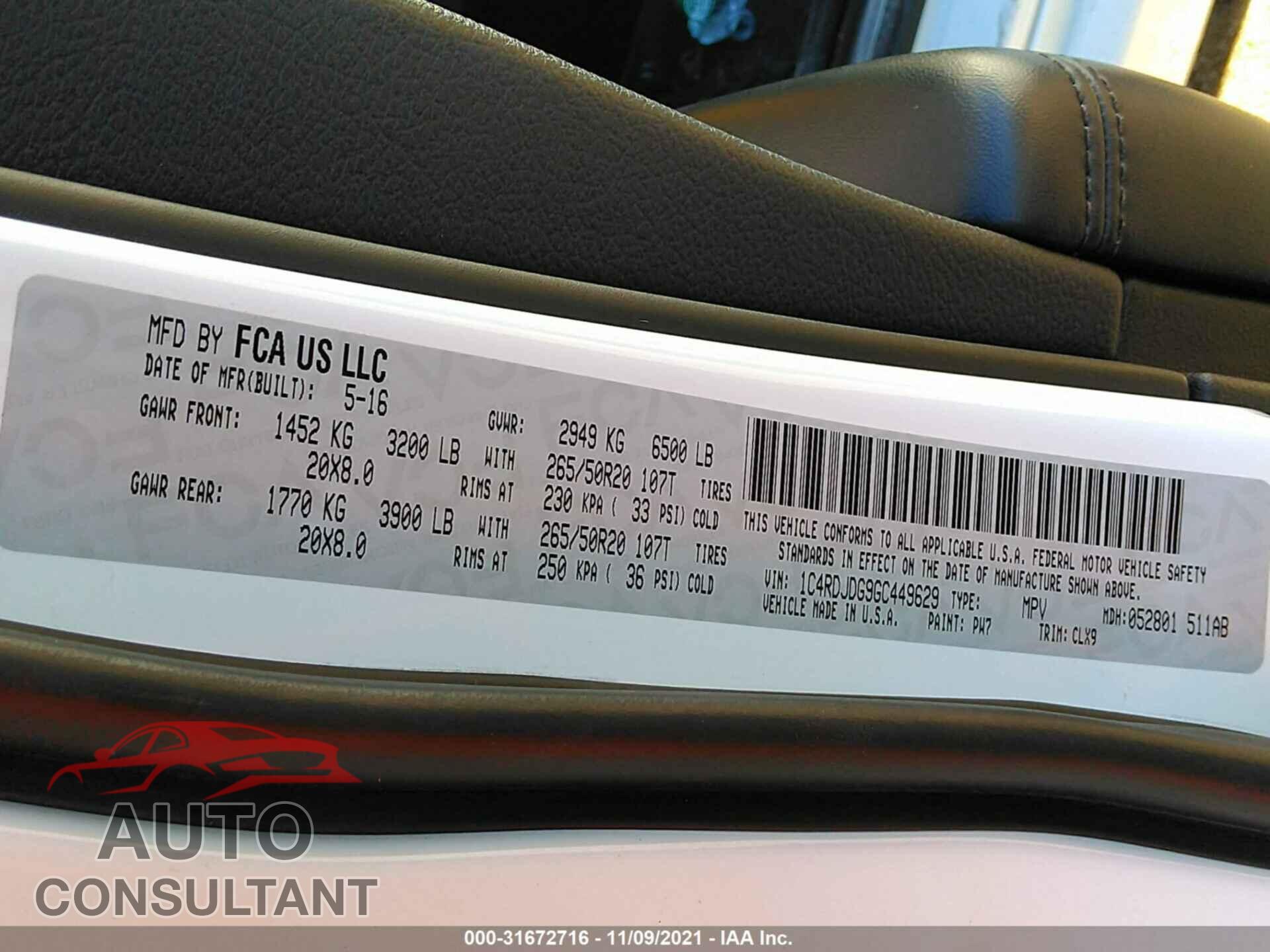 DODGE DURANGO 2016 - 1C4RDJDG9GC449629