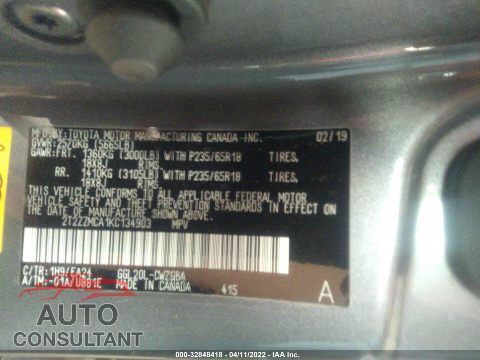 LEXUS RX 2019 - 2T2ZZMCA1KC134903