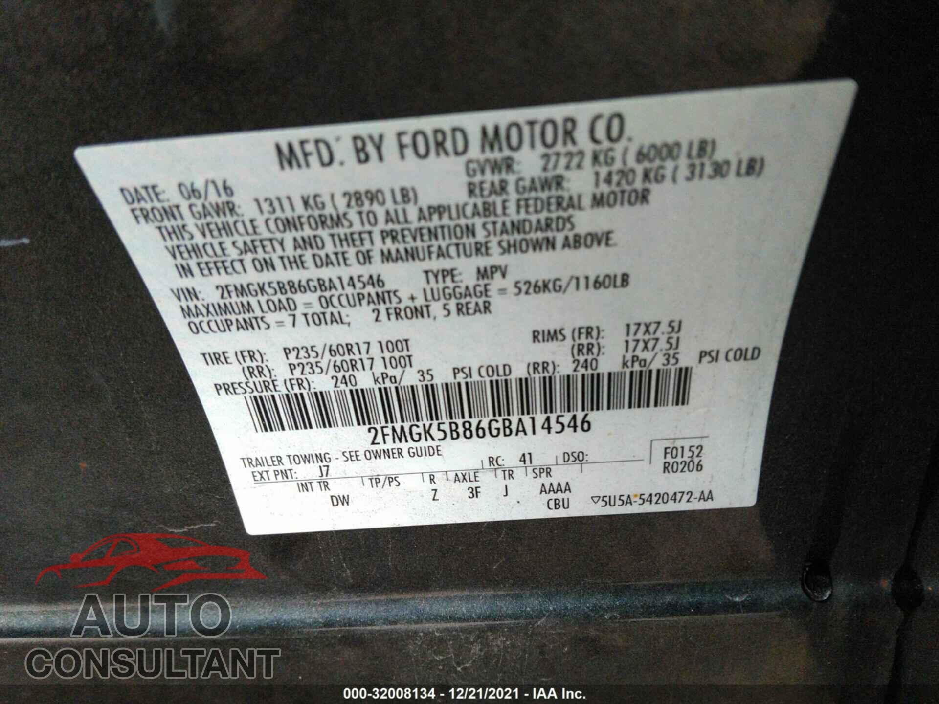 FORD FLEX 2016 - 2FMGK5B86GBA14546