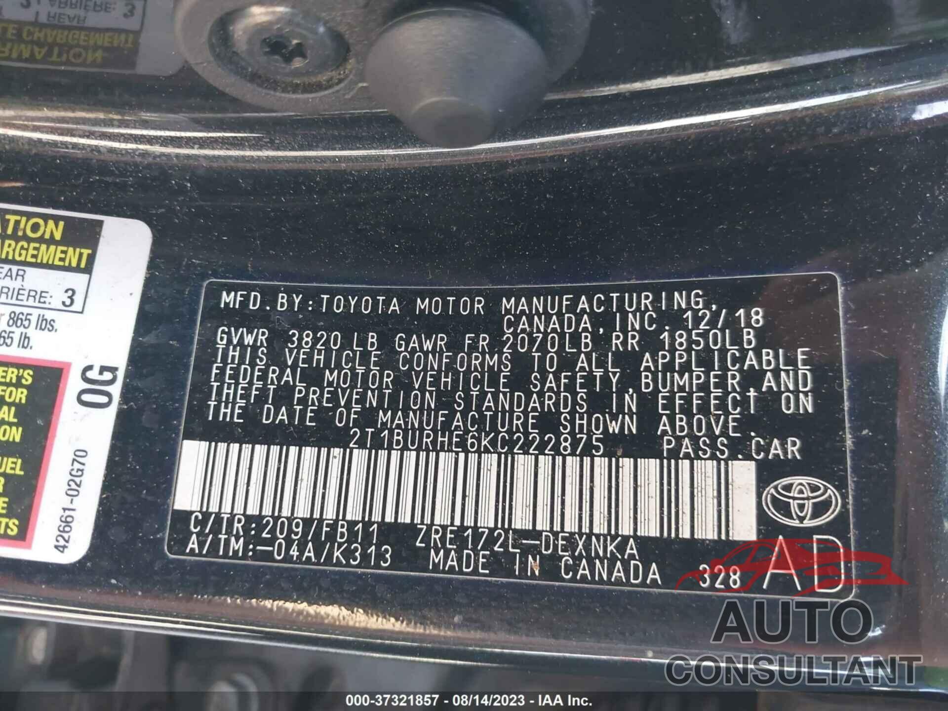 TOYOTA COROLLA 2019 - 2T1BURHE6KC222875