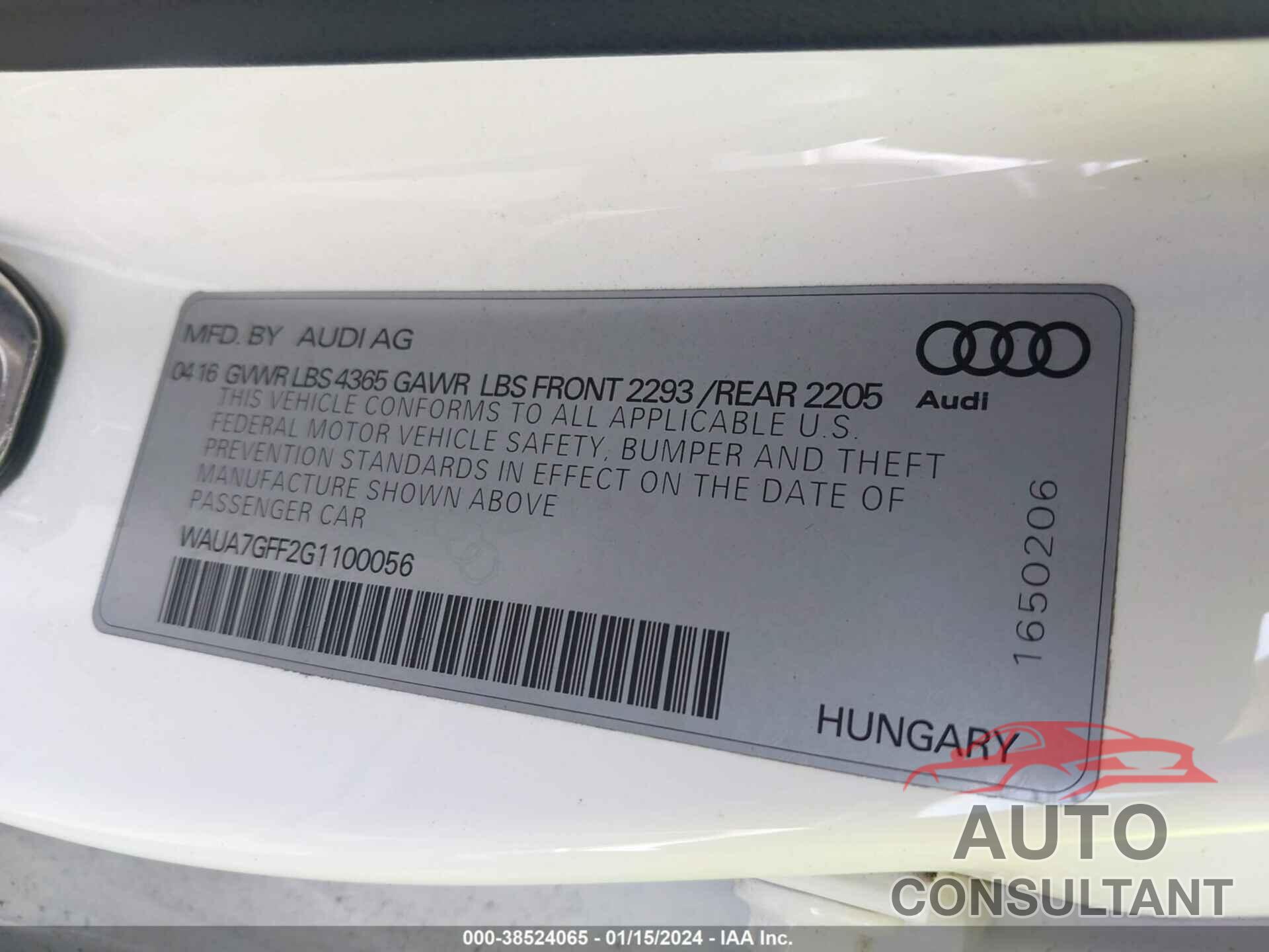 AUDI A3 2016 - WAUA7GFF2G1100056