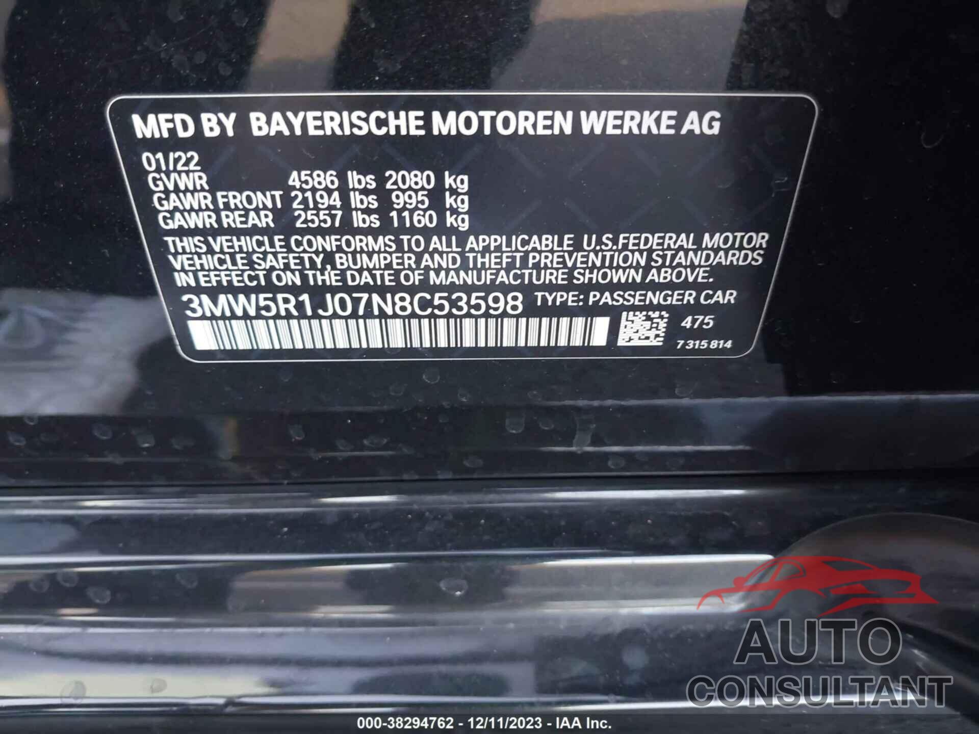 BMW 330I 2022 - 3MW5R1J07N8C53598